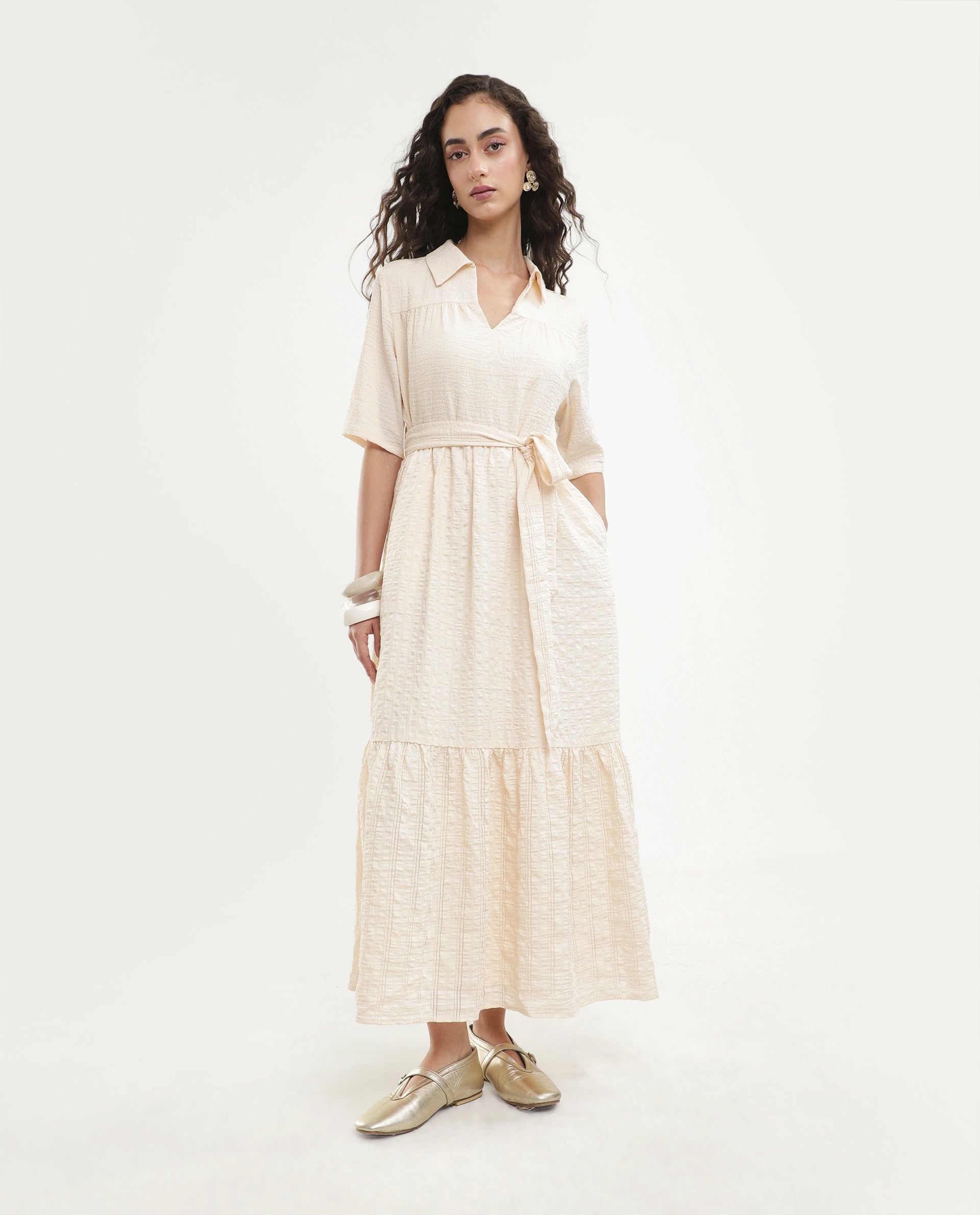 Rareism Women's Dilan Off White Viscose Blend Jonny Collar Pull-On Fit And Flare Plain Dress