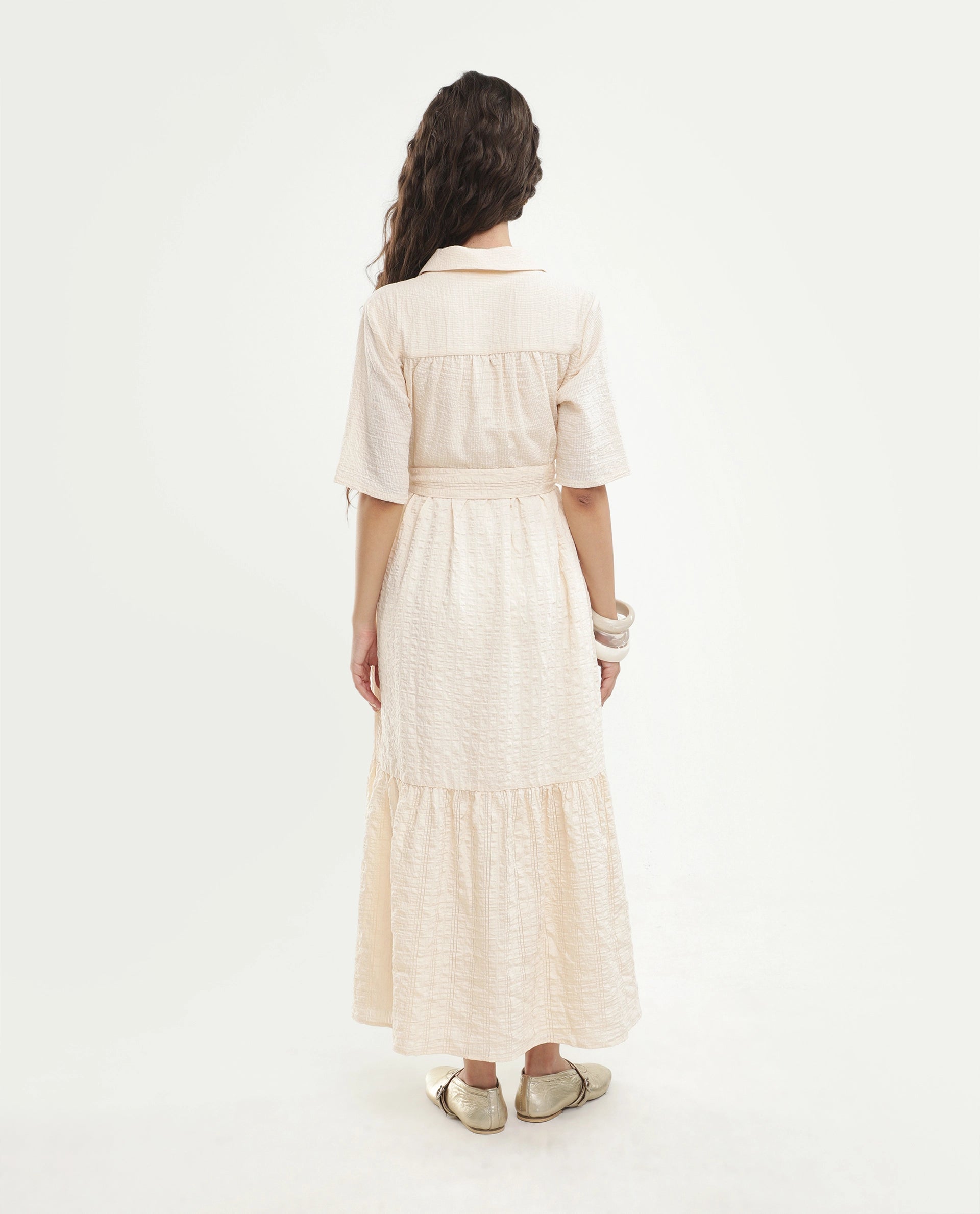 Rareism Women's Dilan Off White Viscose Blend Jonny Collar Pull-On Fit And Flare Plain Dress