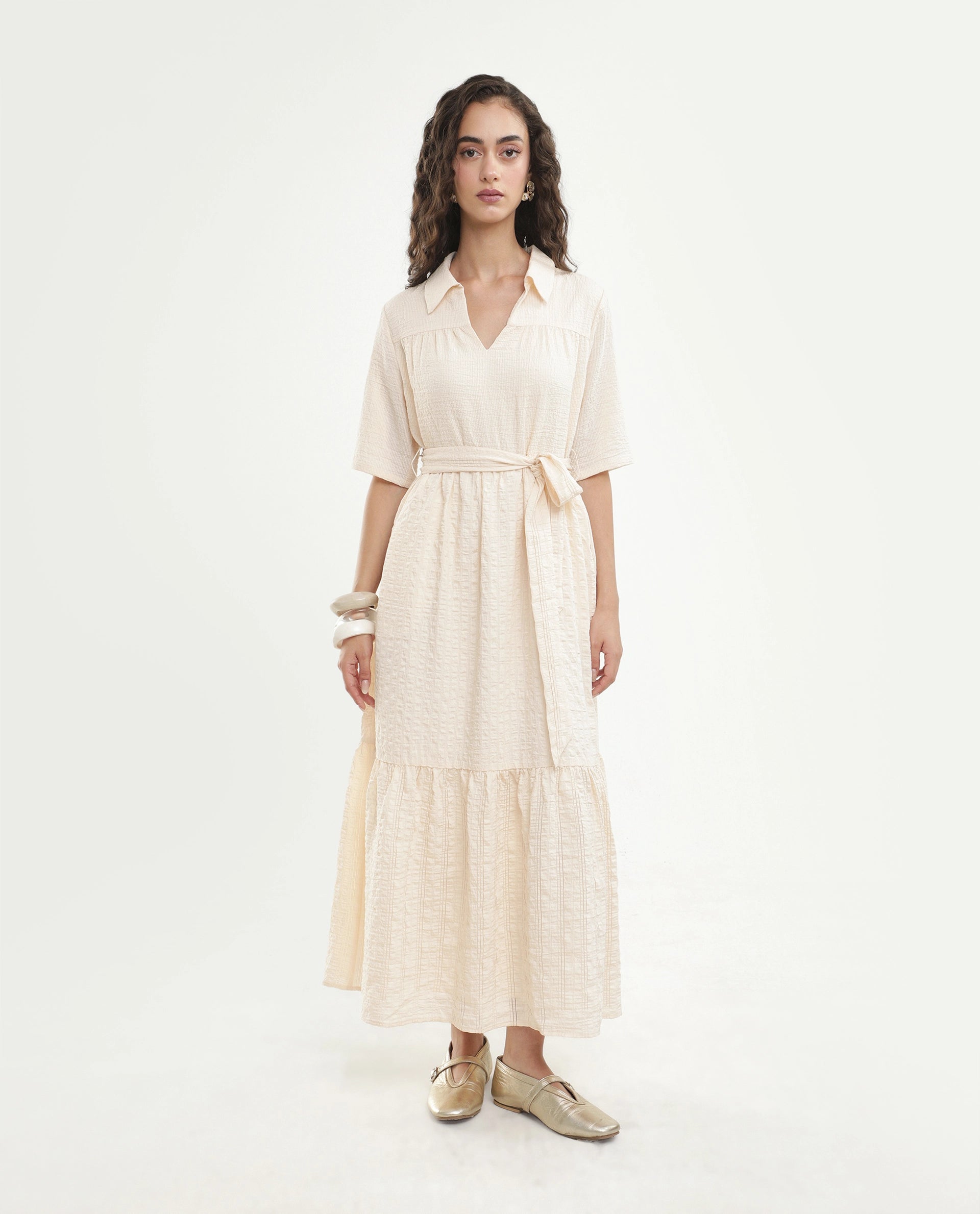 Rareism Women's Dilan Off White Viscose Blend Jonny Collar Pull-On Fit And Flare Plain Dress