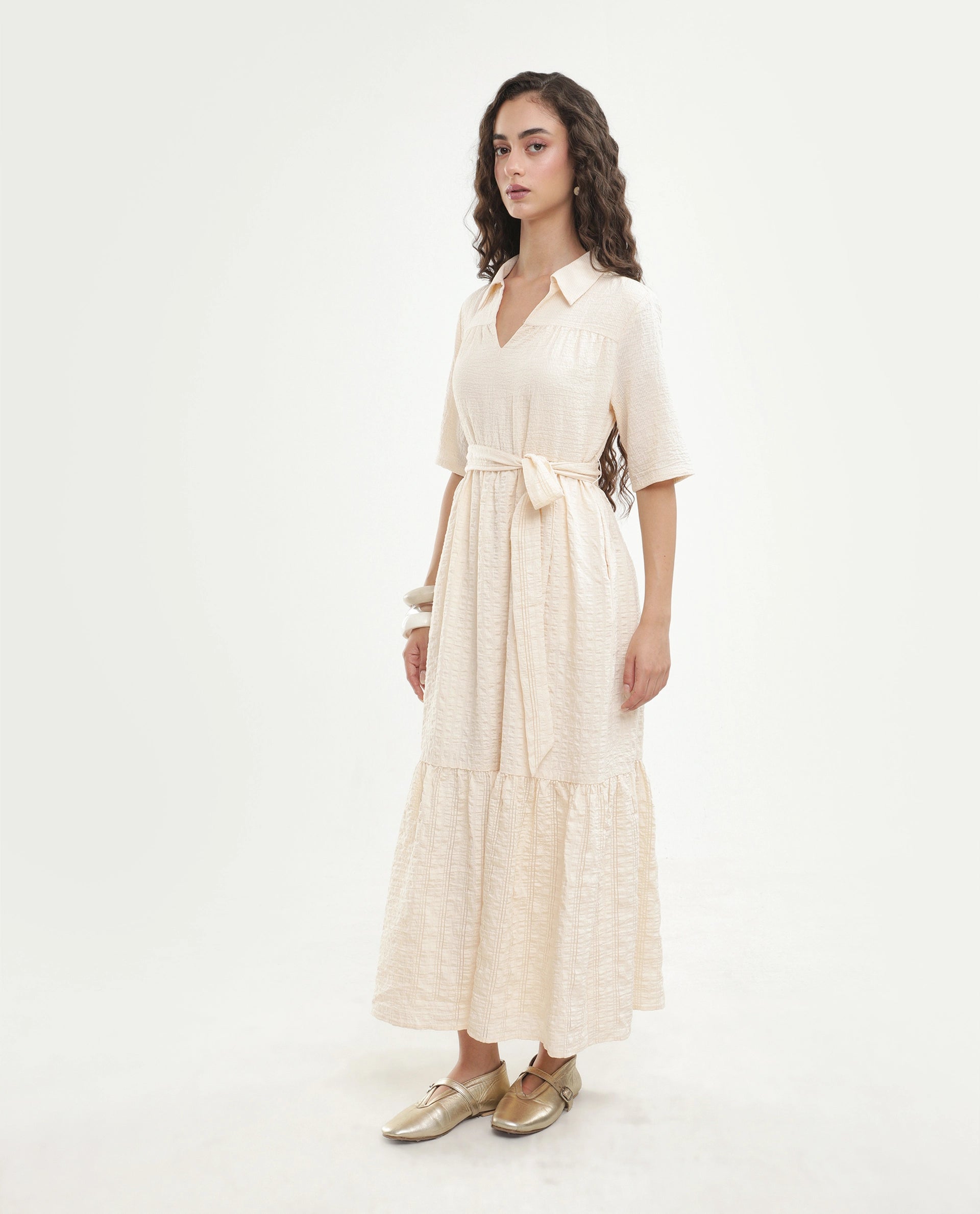 Rareism Women's Dilan Off White Viscose Blend Jonny Collar Pull-On Fit And Flare Plain Dress