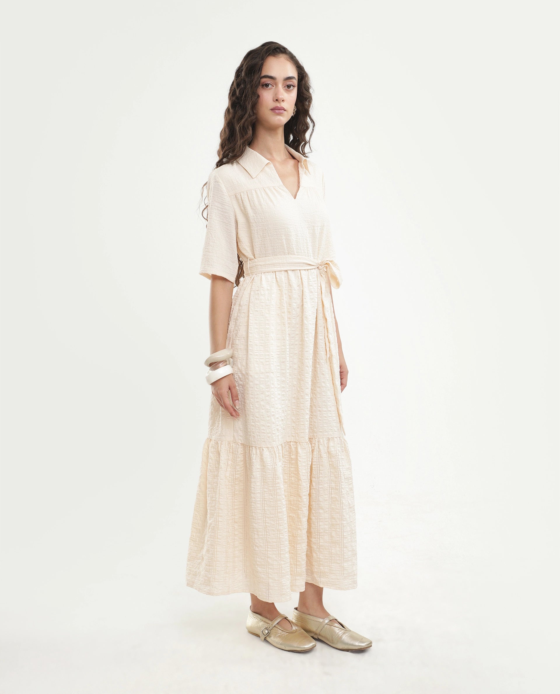 Rareism Women's Dilan Off White Viscose Blend Jonny Collar Pull-On Fit And Flare Plain Dress