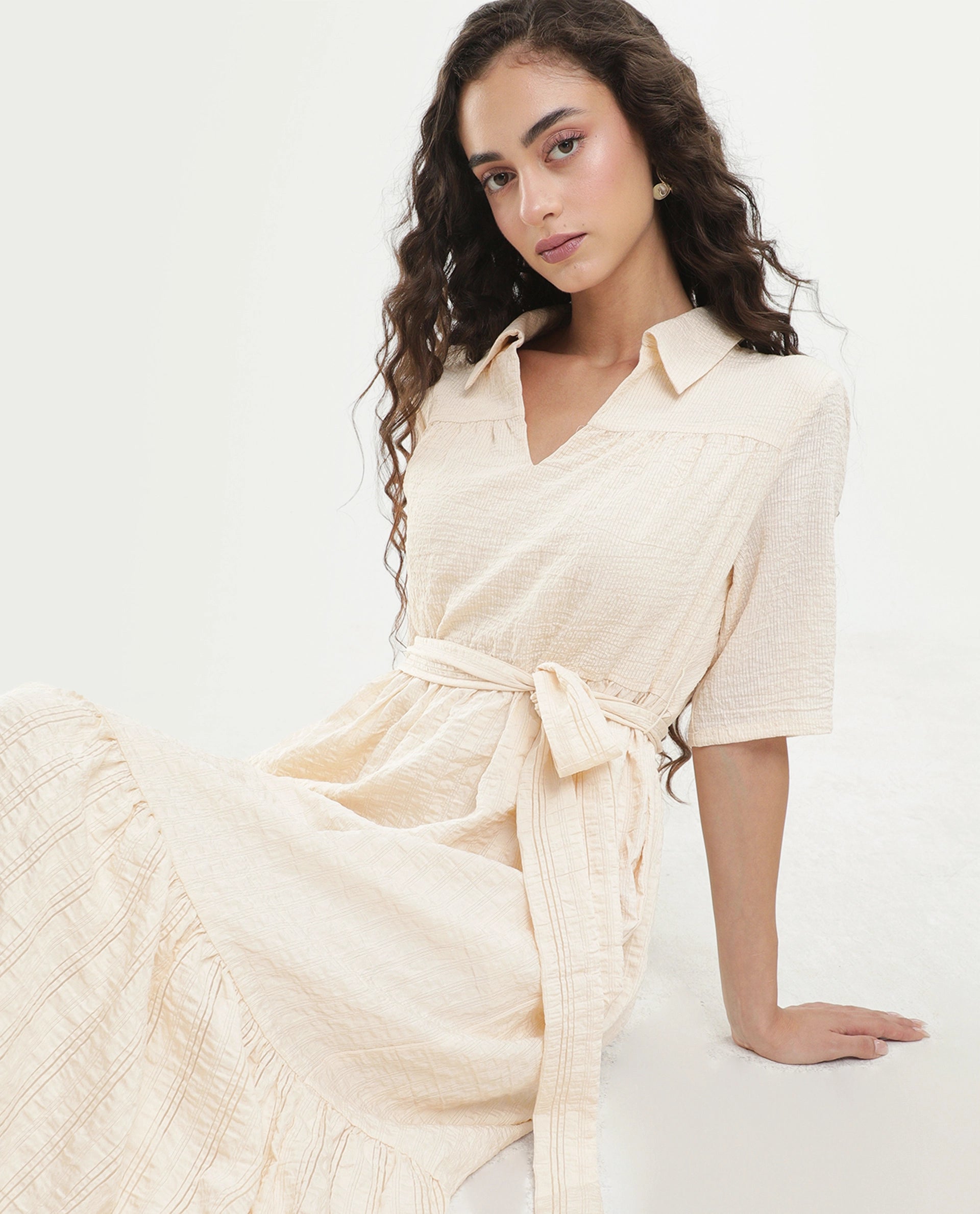 Rareism Women's Dilan Off White Viscose Blend Jonny Collar Pull-On Fit And Flare Plain Dress