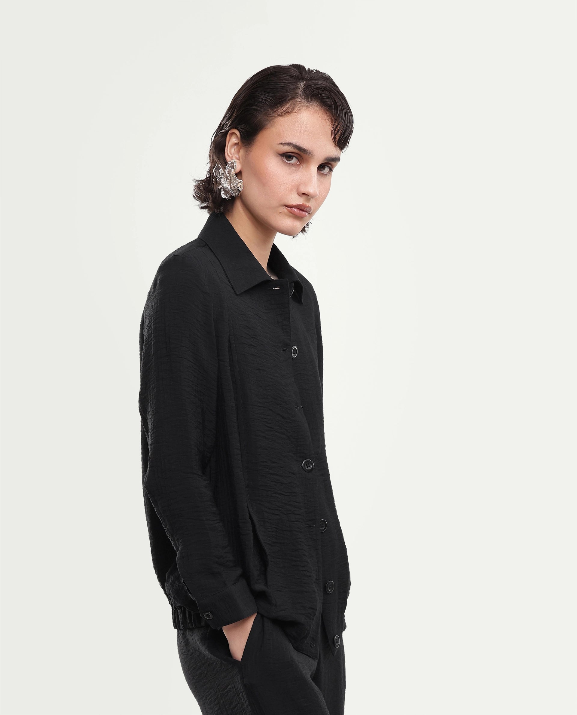 Rareism Women's Dion-T Black Viscose Blend Spread Collar Boxy Plain Shacket
