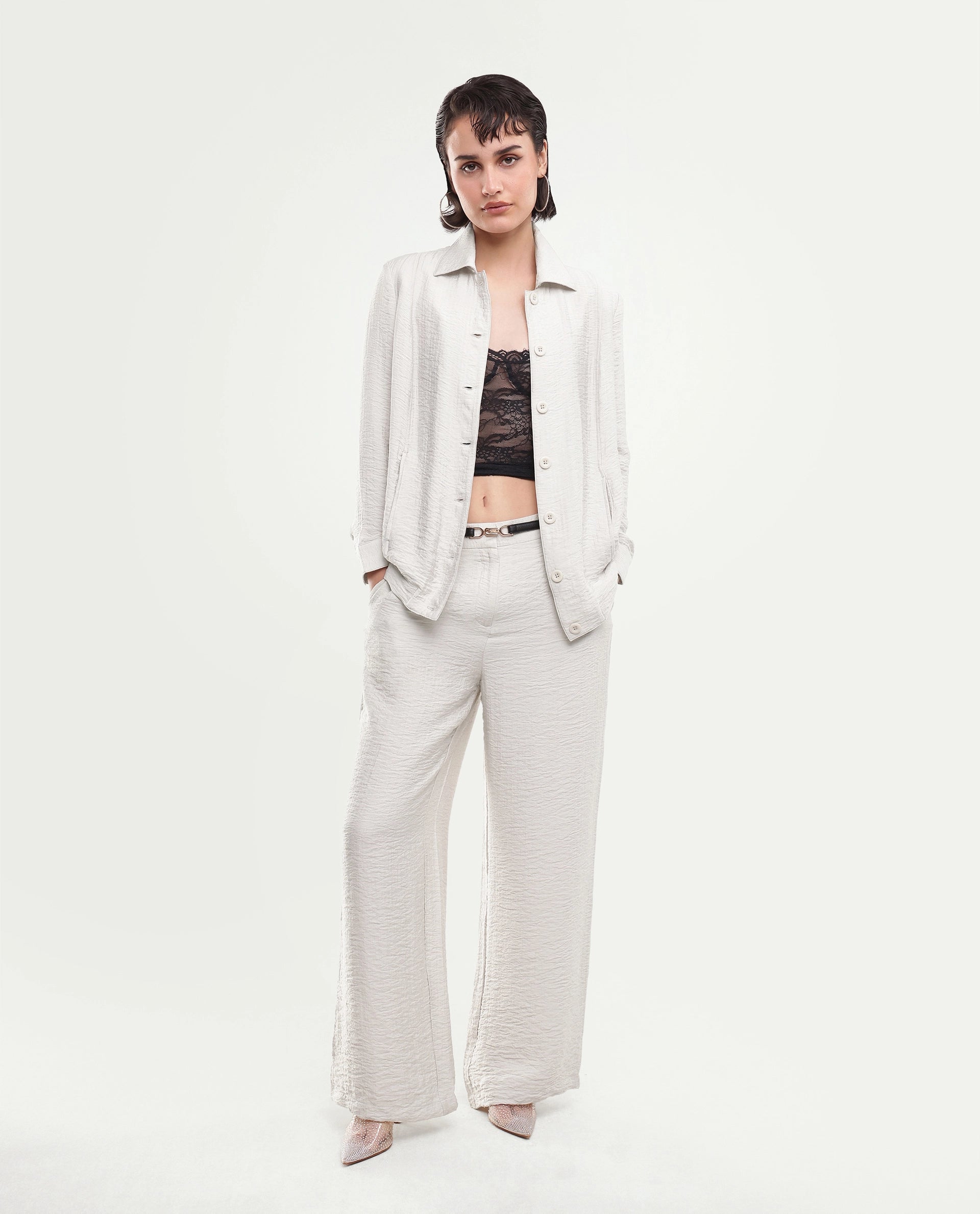 Rareism Women's Dion-B Off White Viscose Blend Button And Zip Straight Plain Trouser