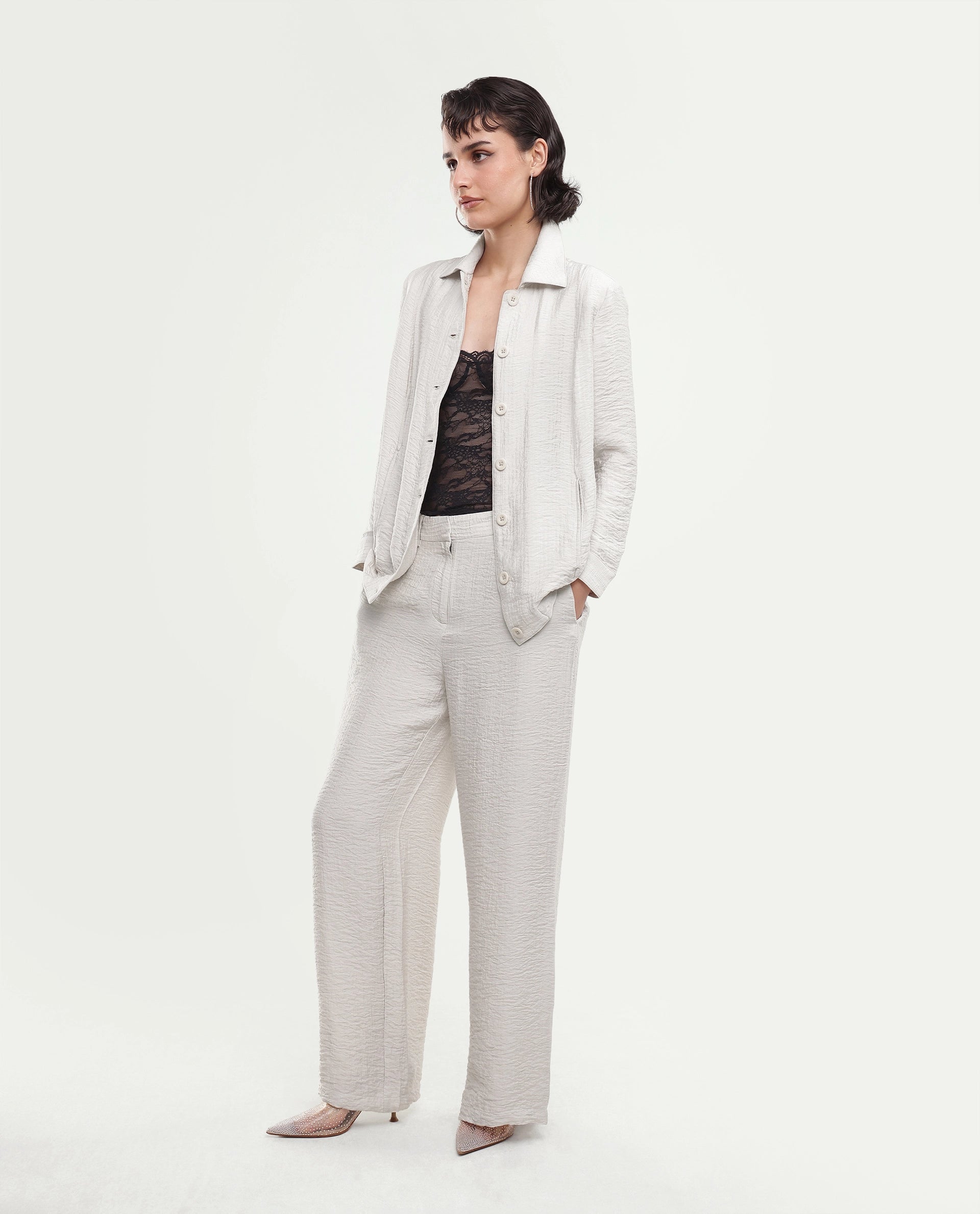 Rareism Women's Dion-B Off White Viscose Blend Button And Zip Straight Plain Trouser