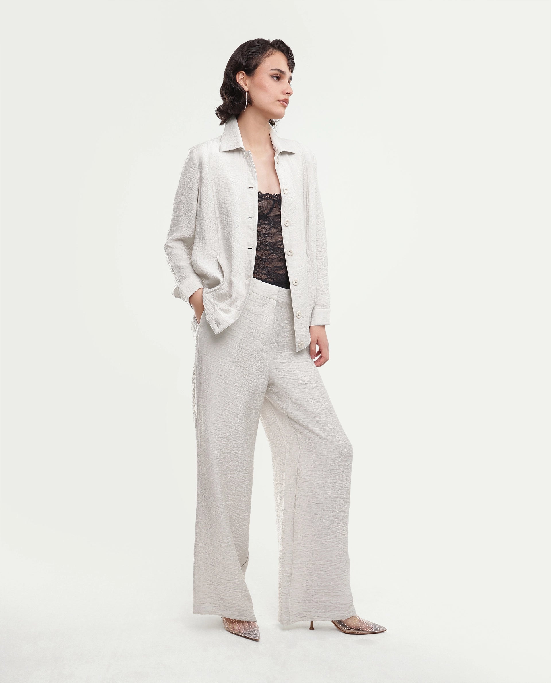Rareism Women's Dion-B Off White Viscose Blend Button And Zip Straight Plain Trouser