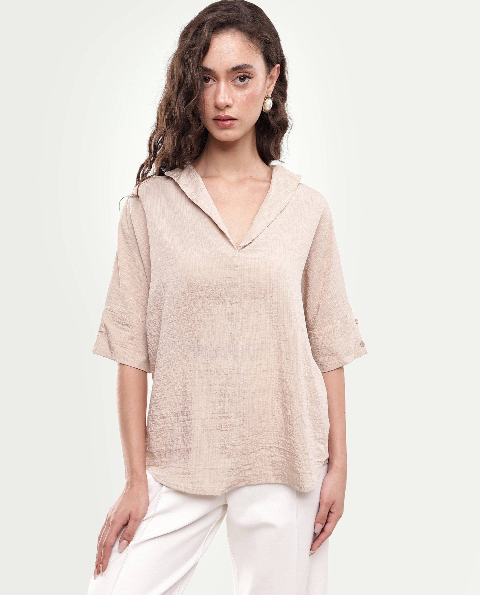 Rareism Women's Dira Beige Plain Viscose Blend Regular Short Sleeves Top