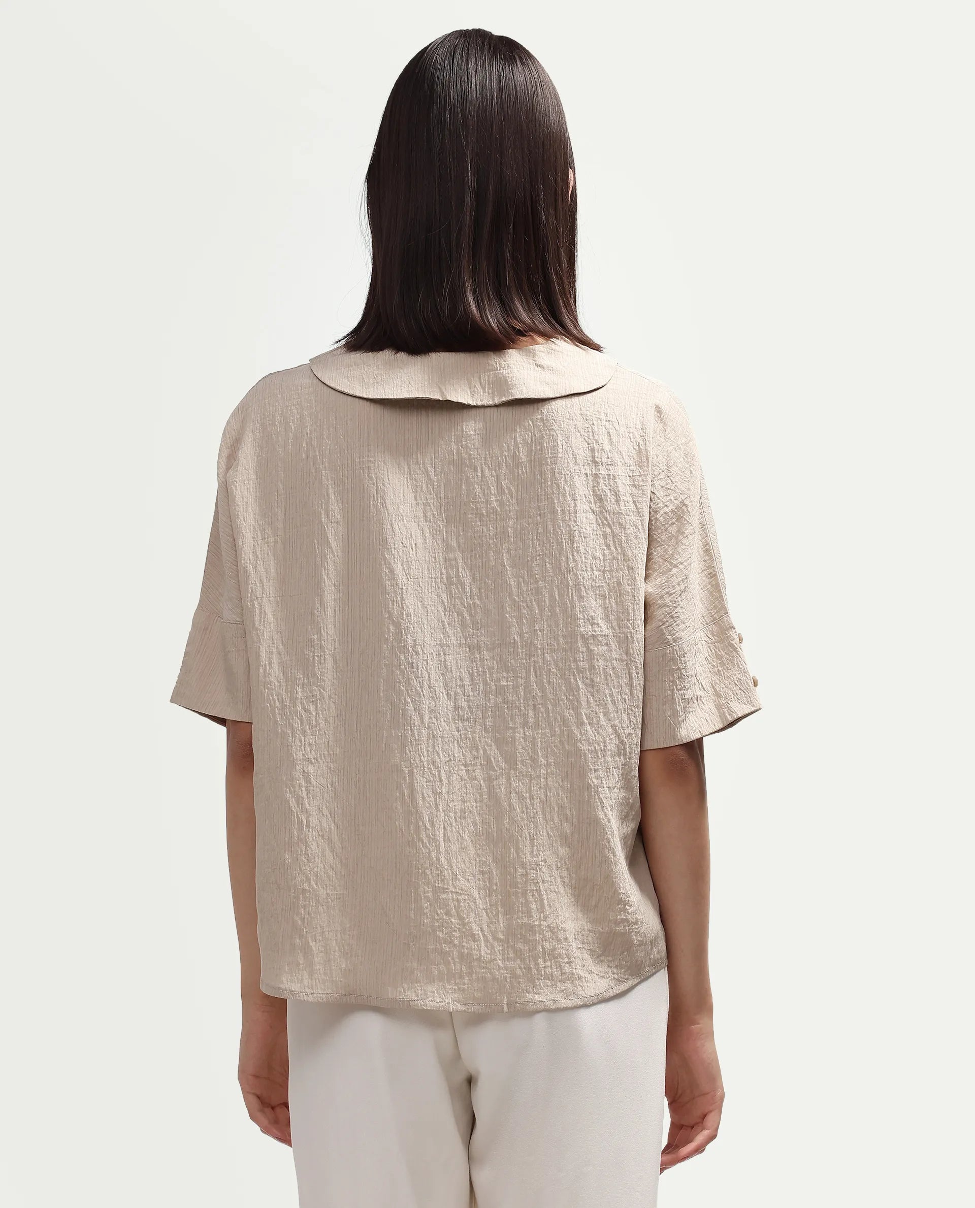 Rareism Women's Dira Beige Plain Viscose Blend Regular Short Sleeves Top