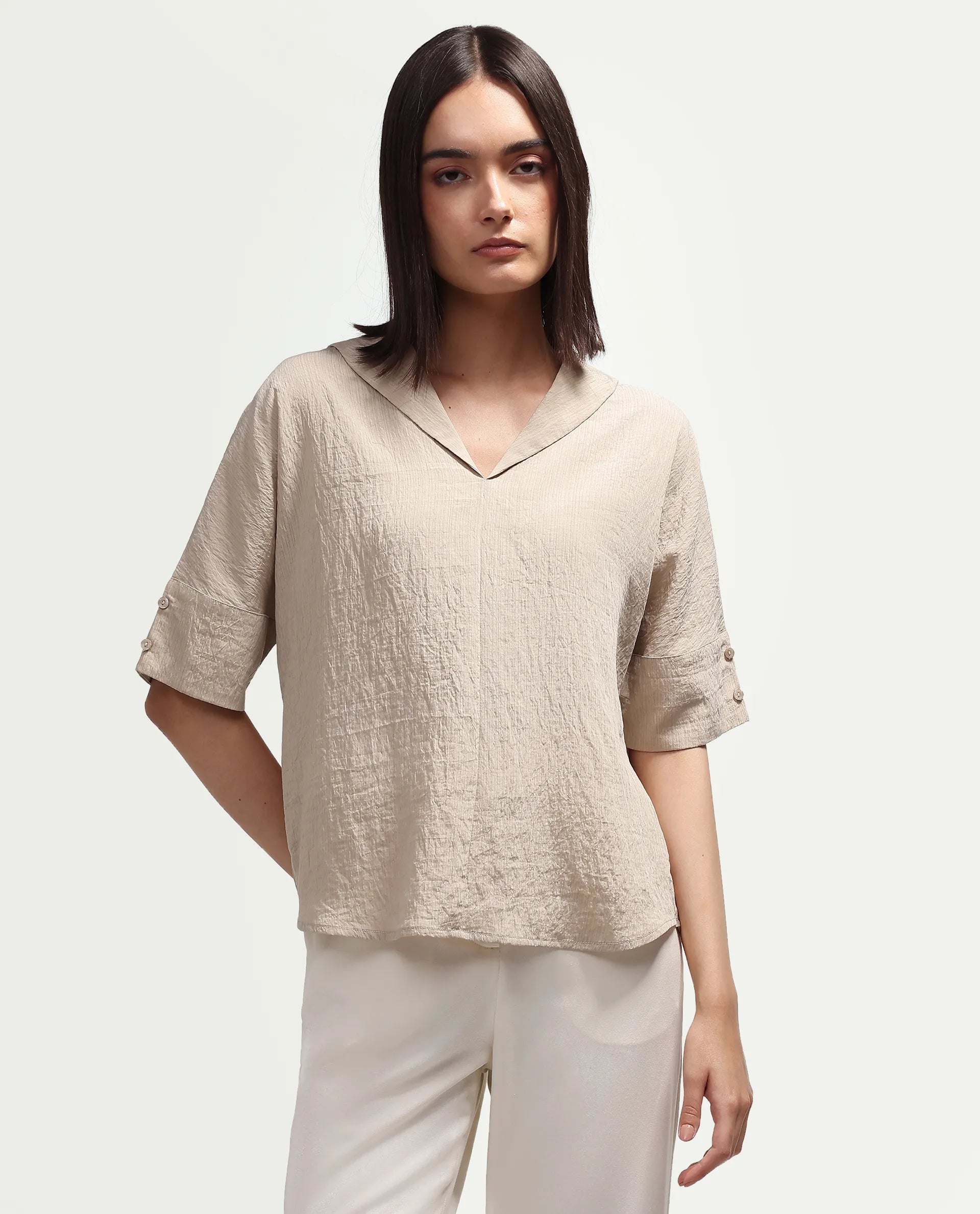 Rareism Women's Dira Beige Plain Viscose Blend Regular Short Sleeves Top