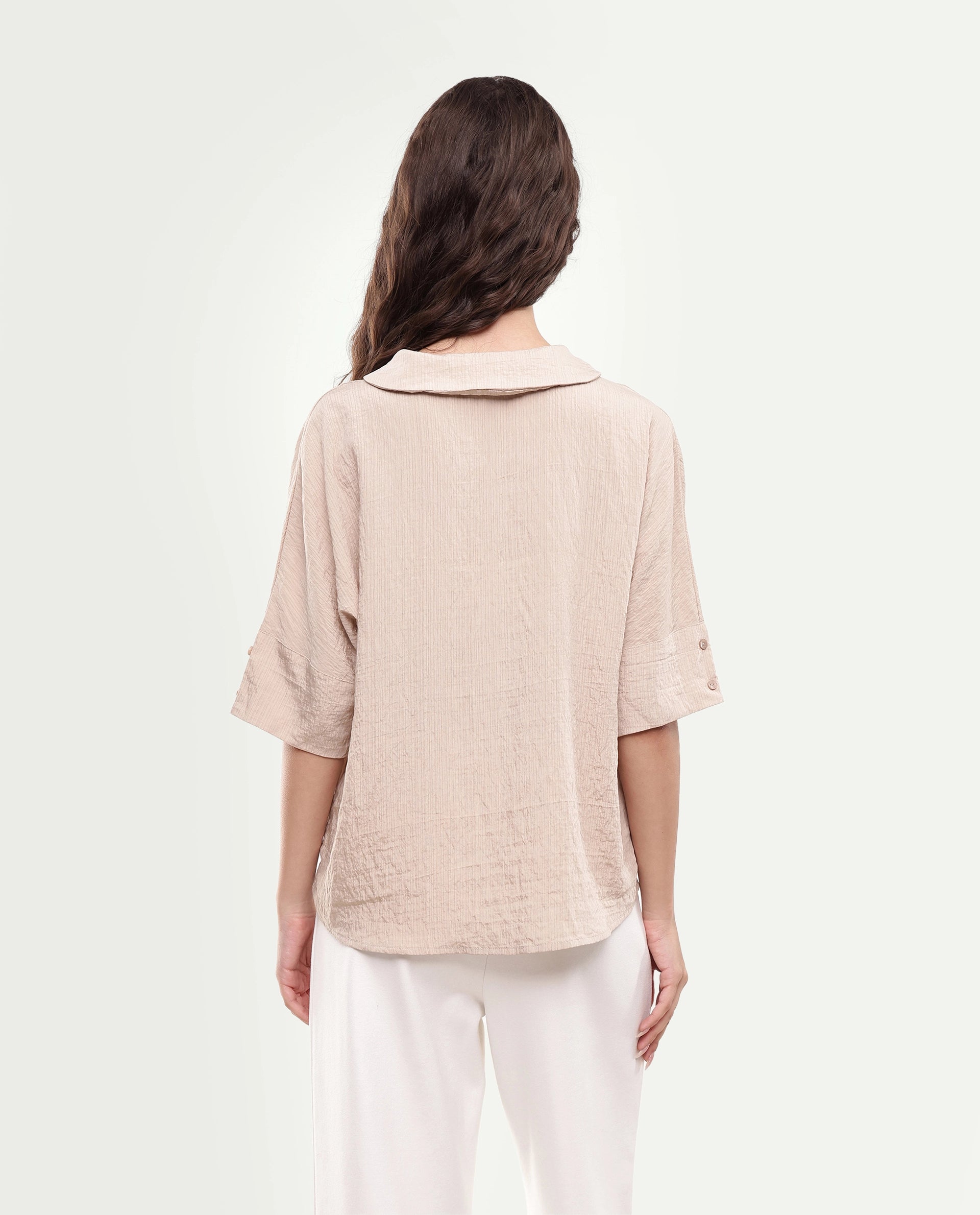 Rareism Women's Dira Beige Plain Viscose Blend Regular Short Sleeves Top