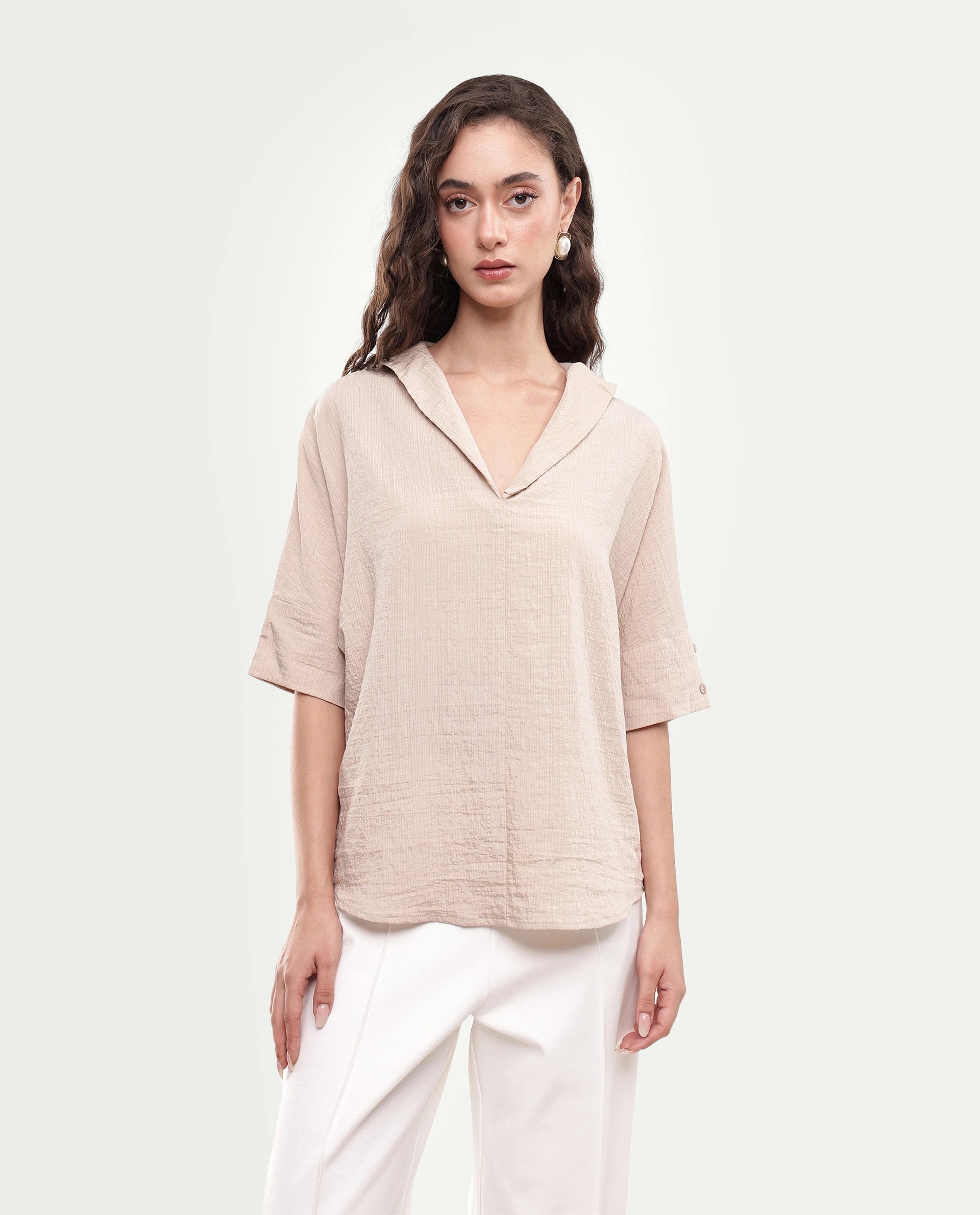 Rareism Women's Dira Beige Plain Viscose Blend Regular Short Sleeves Top