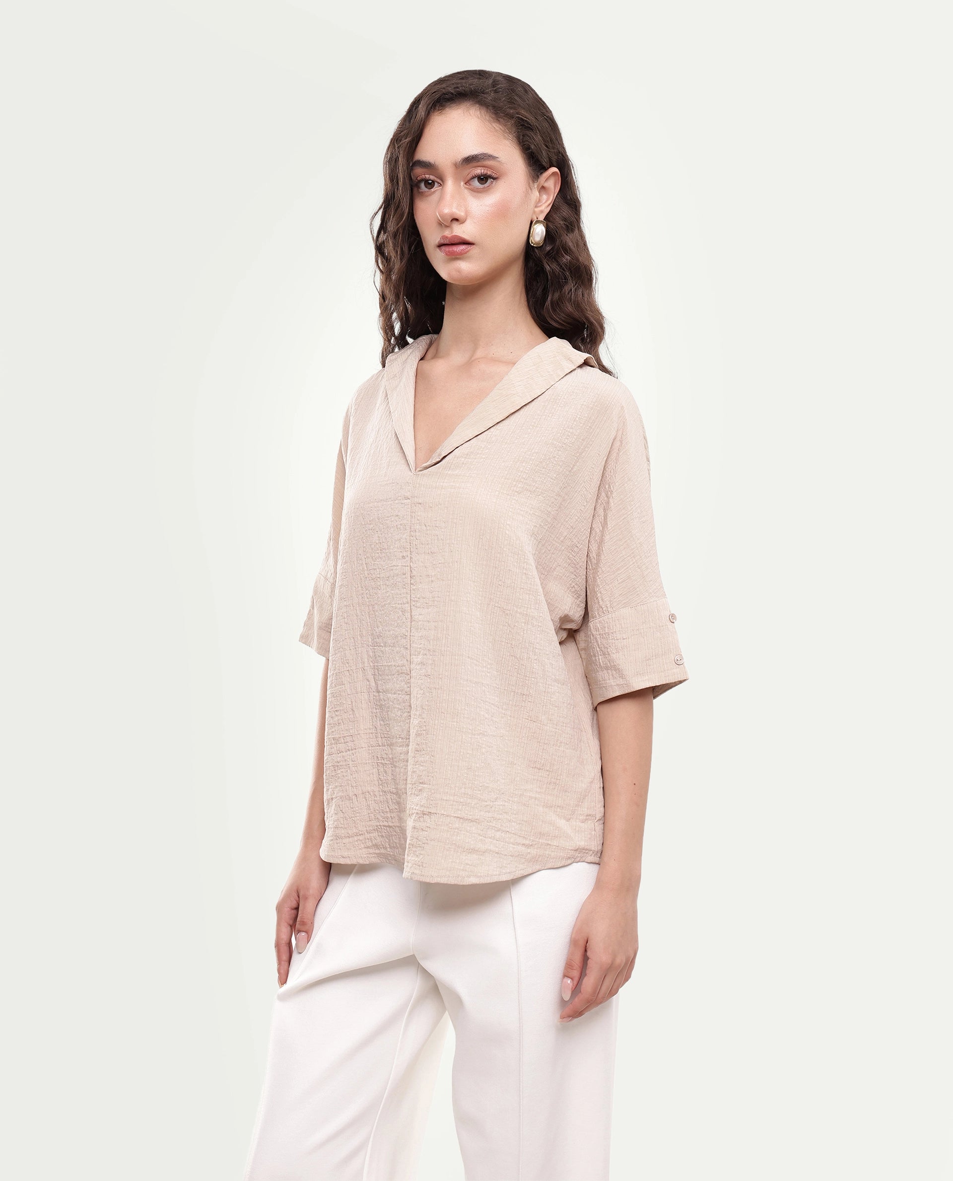 Rareism Women's Dira Beige Plain Viscose Blend Regular Short Sleeves Top