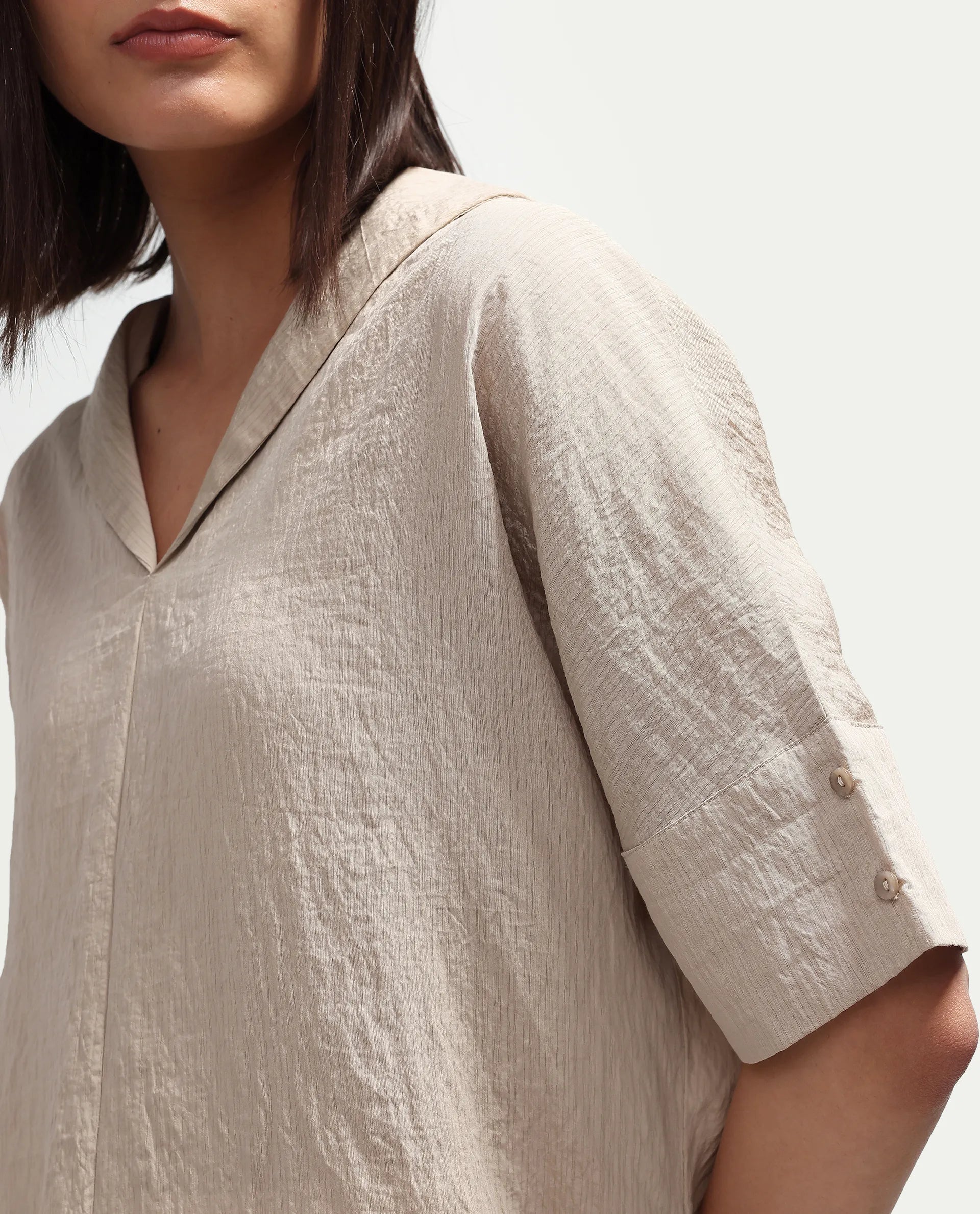 Rareism Women's Dira Beige Plain Viscose Blend Regular Short Sleeves Top