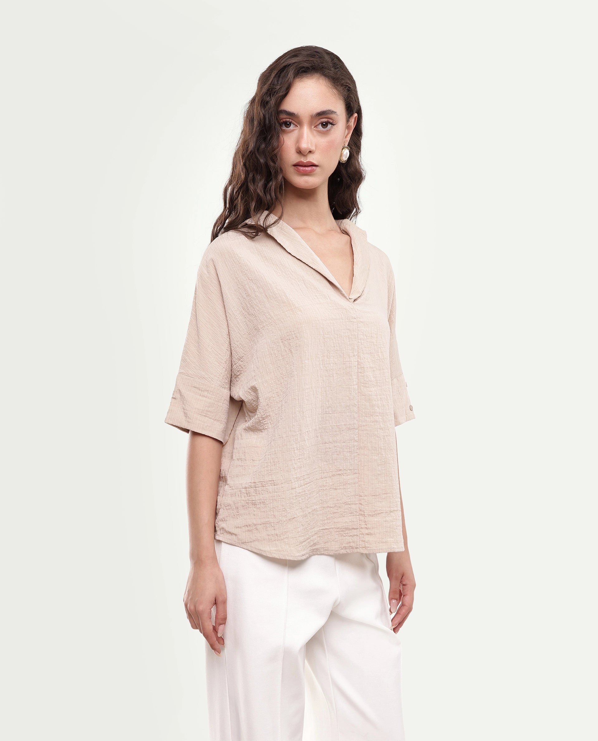 Rareism Women's Dira Beige Plain Viscose Blend Regular Short Sleeves Top