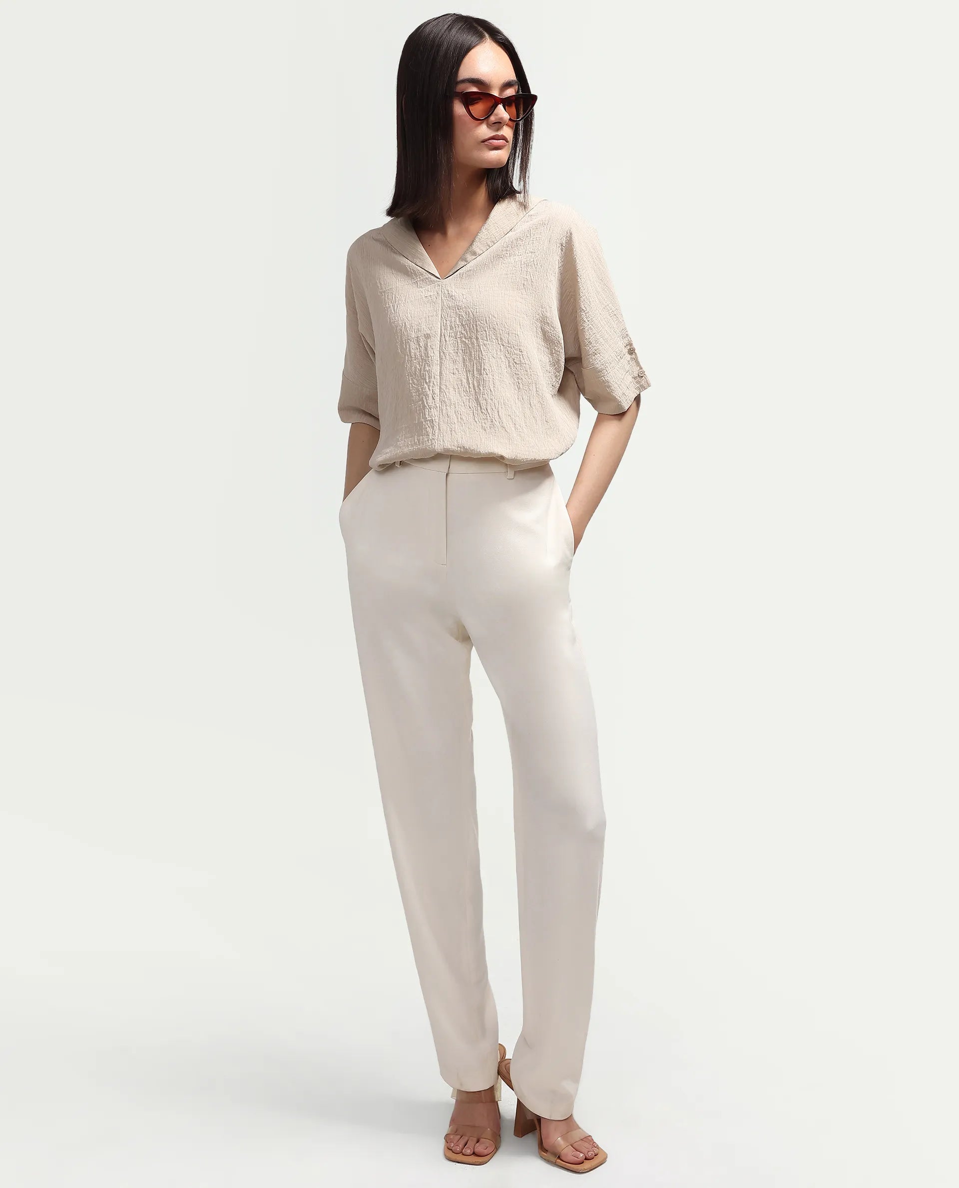 Rareism Women's Dira Beige Plain Viscose Blend Regular Short Sleeves Top