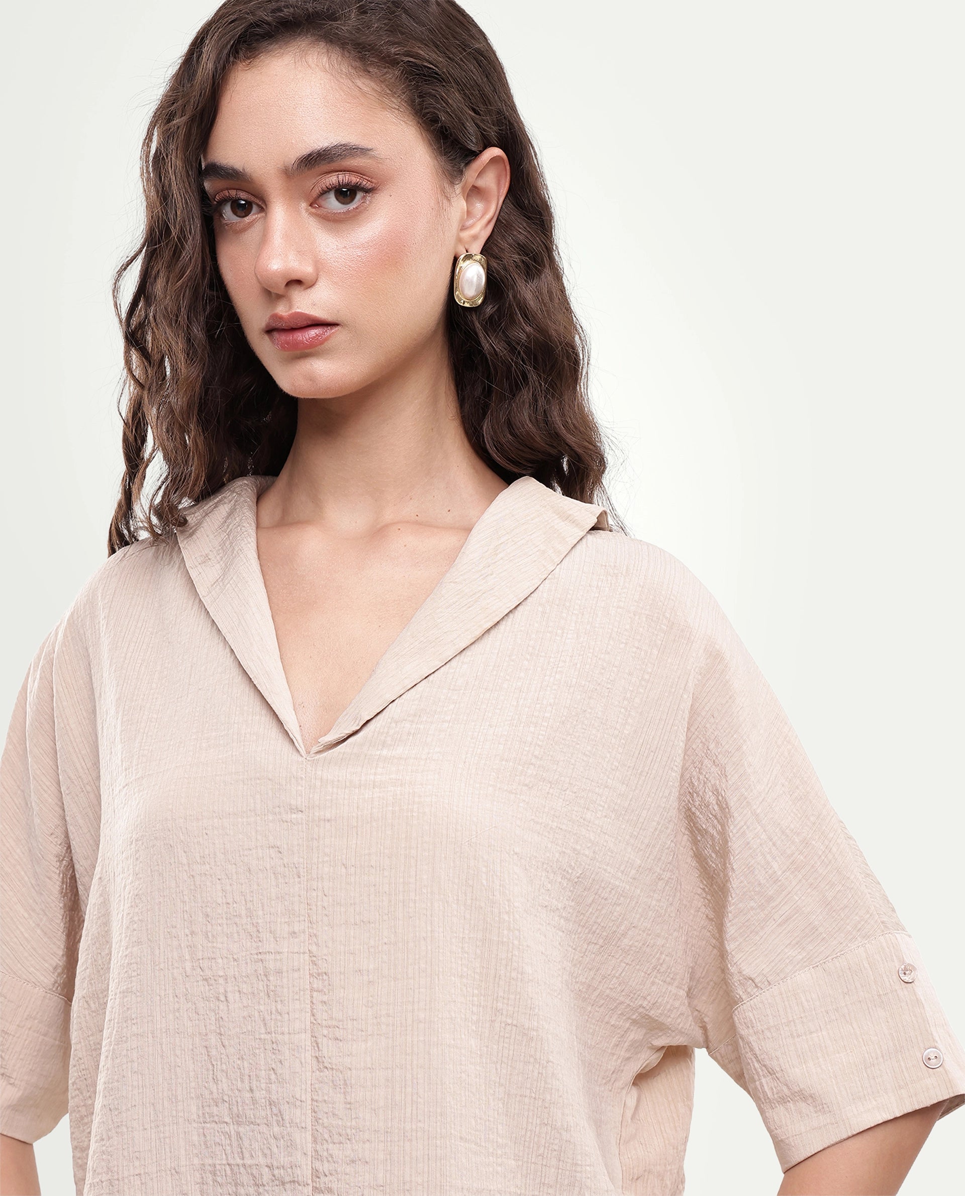 Rareism Women's Dira Beige Plain Viscose Blend Regular Short Sleeves Top