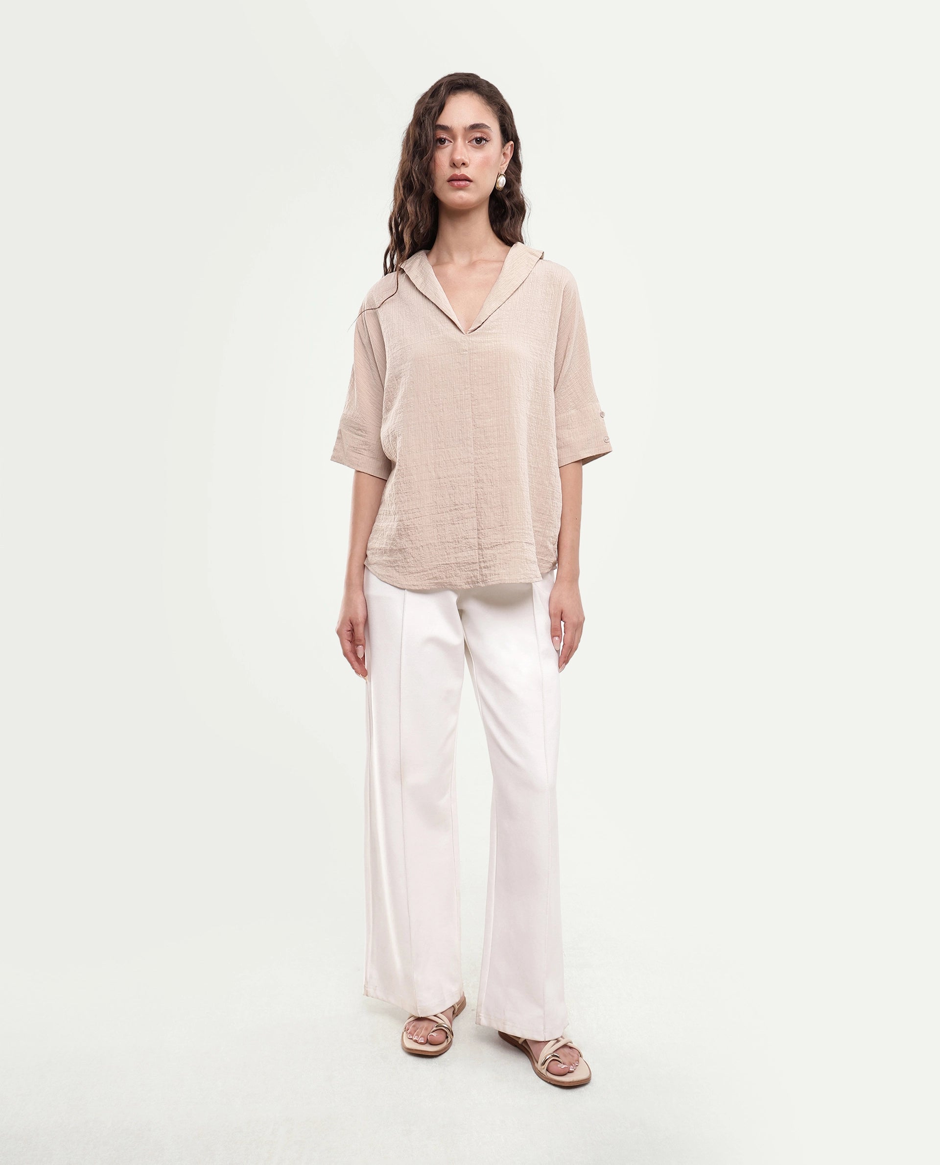 Rareism Women's Dira Beige Plain Viscose Blend Regular Short Sleeves Top