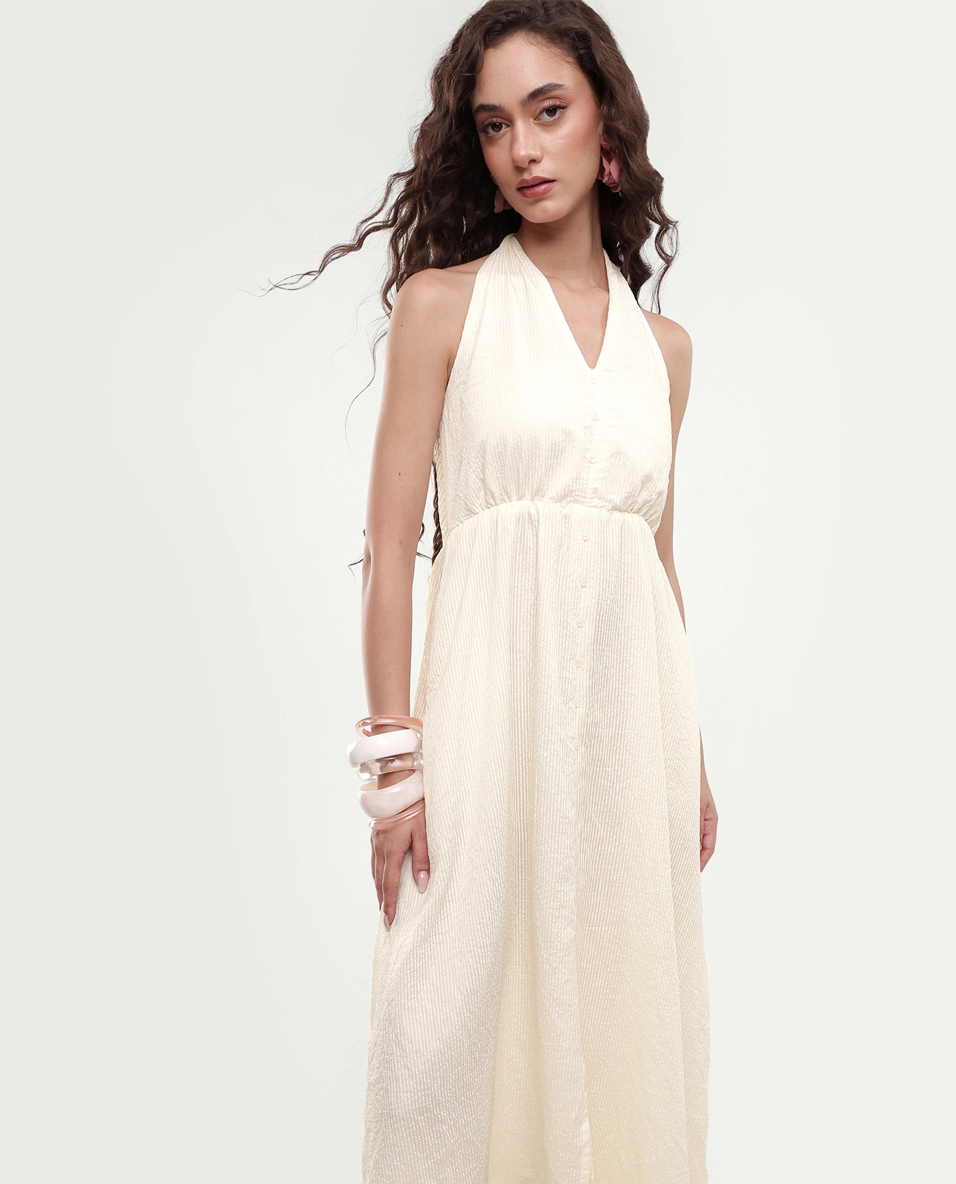 Rareism Women's Domaxa Off White Plain Viscose Blend Fit And Flare Sleeveless Dress