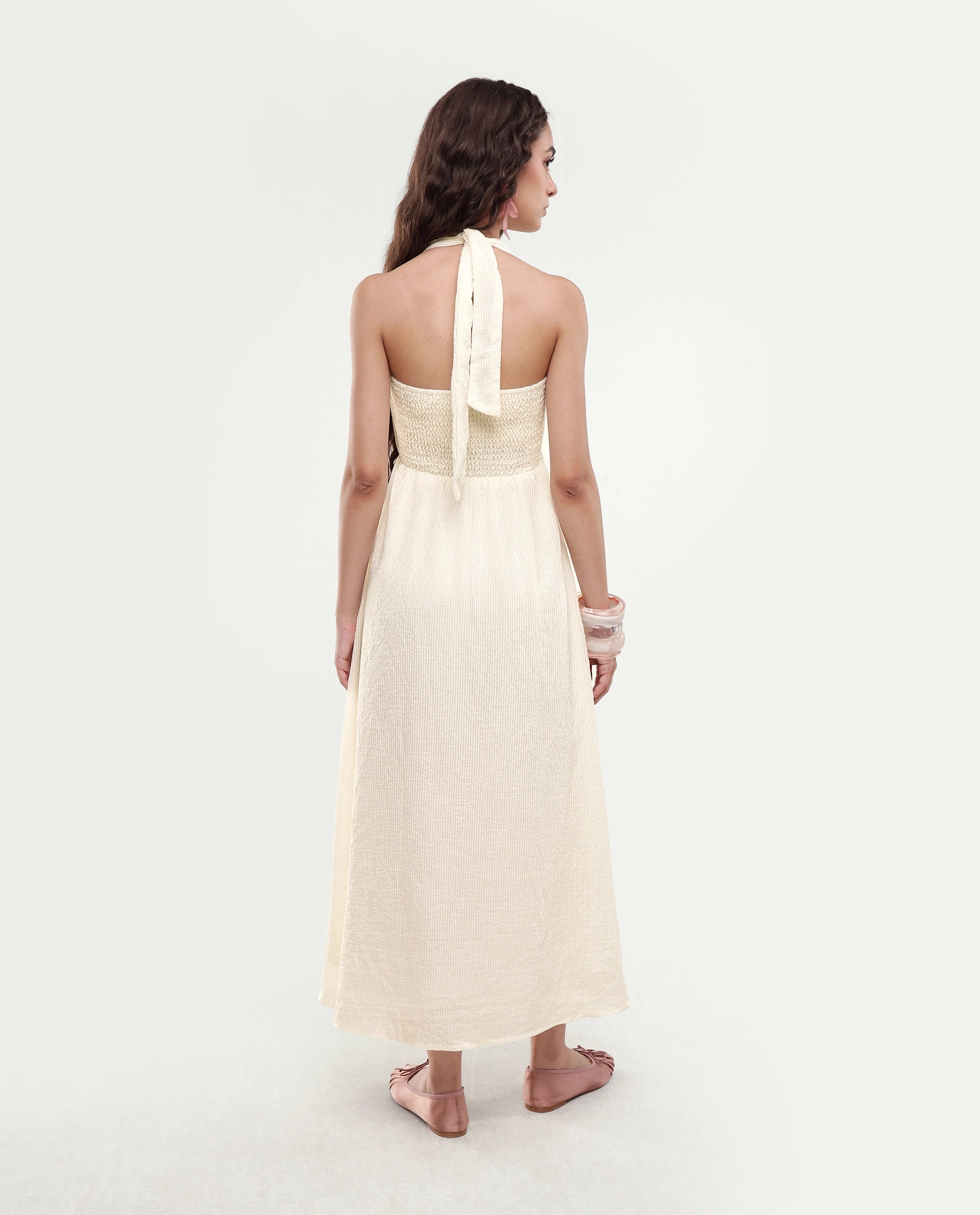 Rareism Women's Domaxa Off White Plain Viscose Blend Fit And Flare Sleeveless Dress