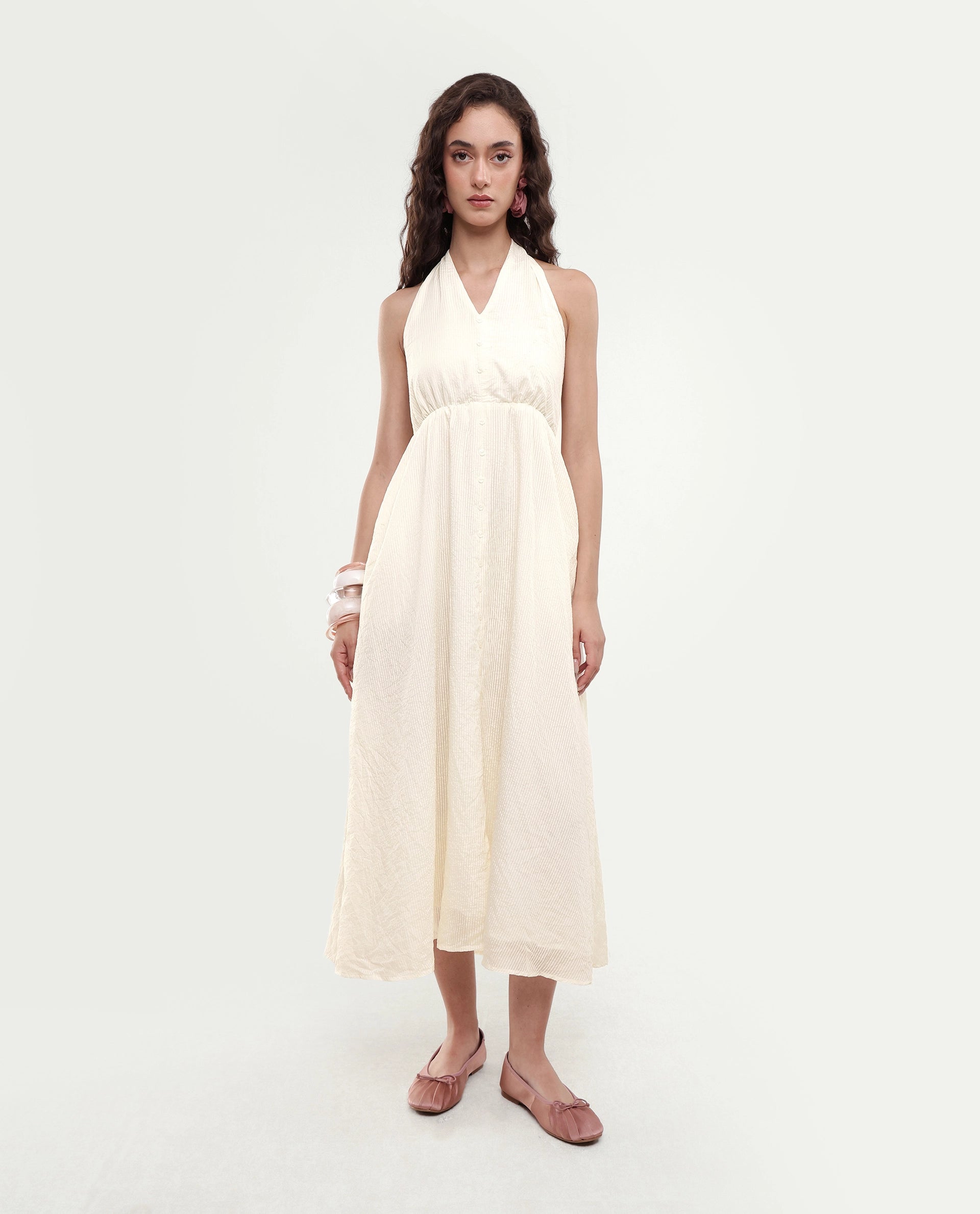 Rareism Women's Domaxa Off White Plain Viscose Blend Fit And Flare Sleeveless Dress