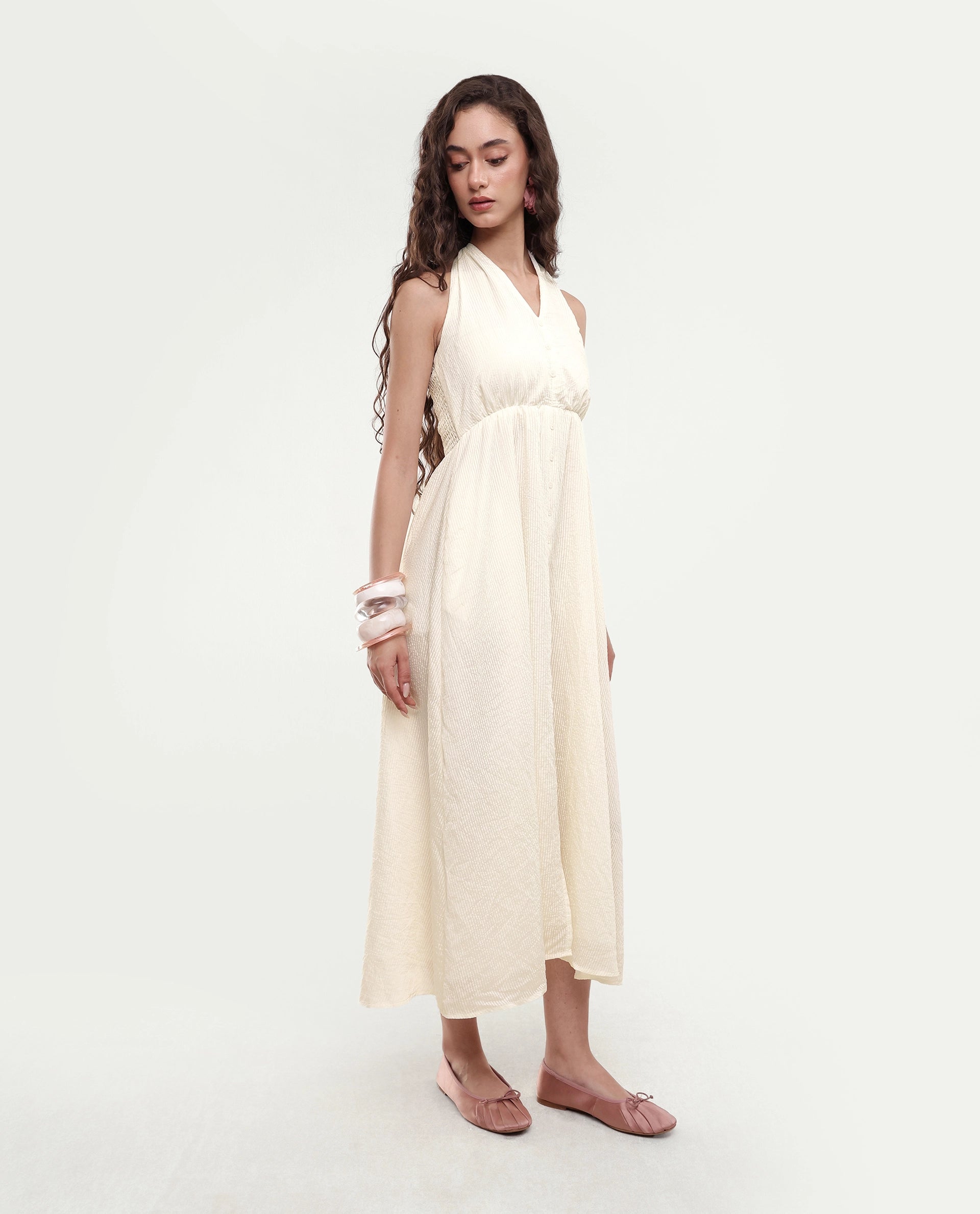 Rareism Women's Domaxa Off White Plain Viscose Blend Fit And Flare Sleeveless Dress
