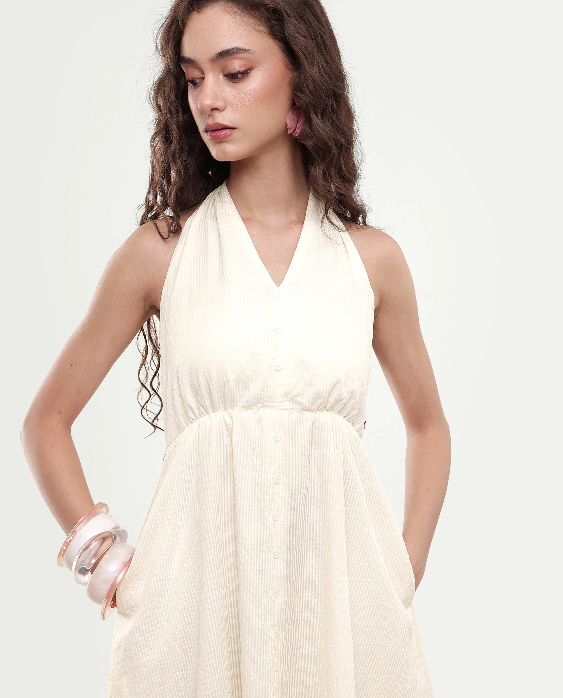 Rareism Women's Domaxa Off White Plain Viscose Blend Fit And Flare Sleeveless Dress