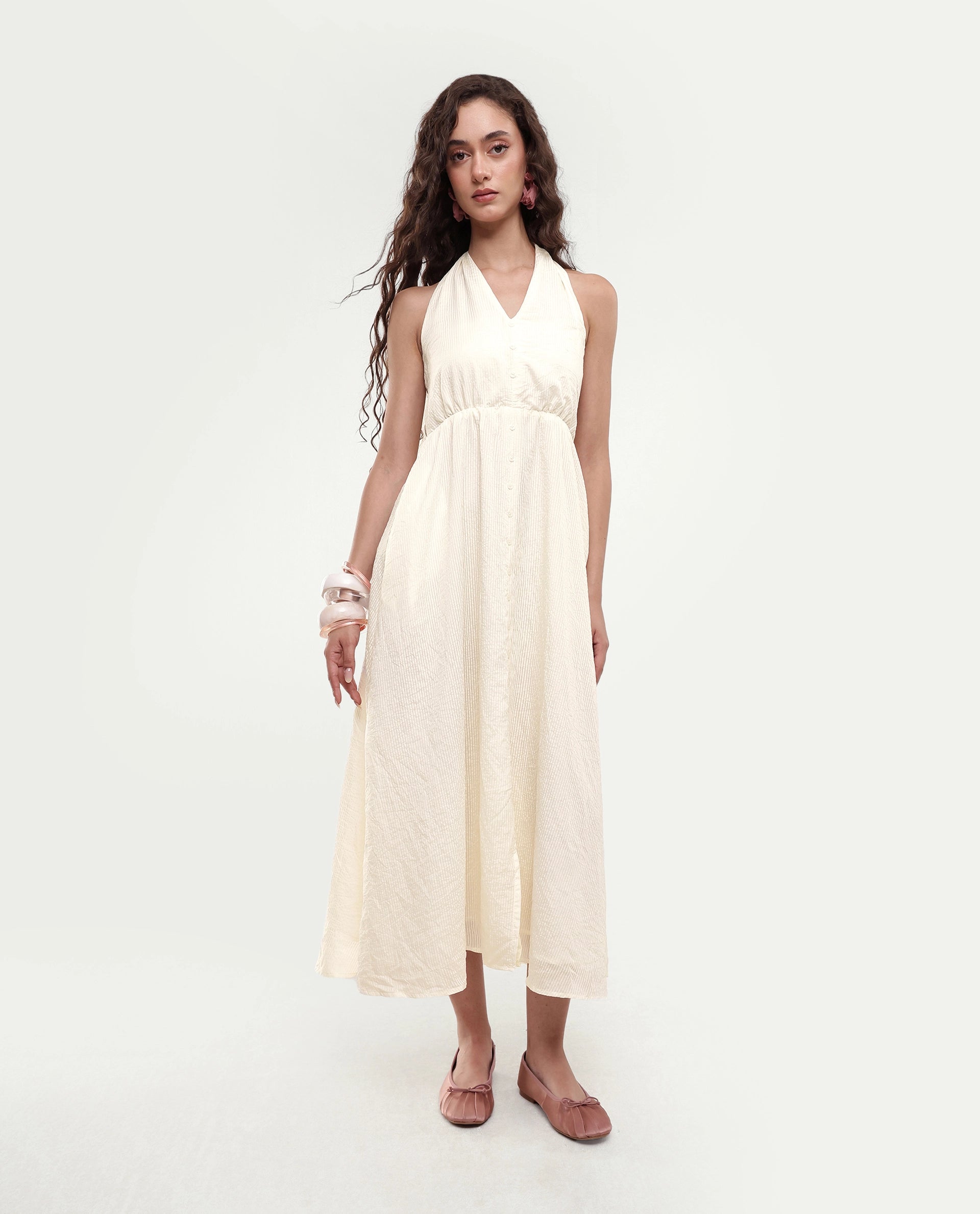 Rareism Women's Domaxa Off White Plain Viscose Blend Fit And Flare Sleeveless Dress