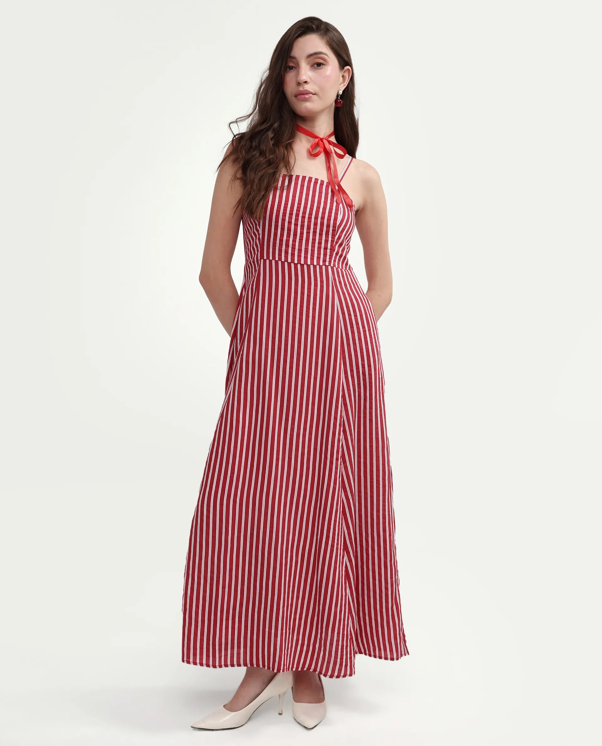 Buy Rareism Women's Domtu Red Viscose Blend Square Button And Zip Fit And Flare  Striped Dress