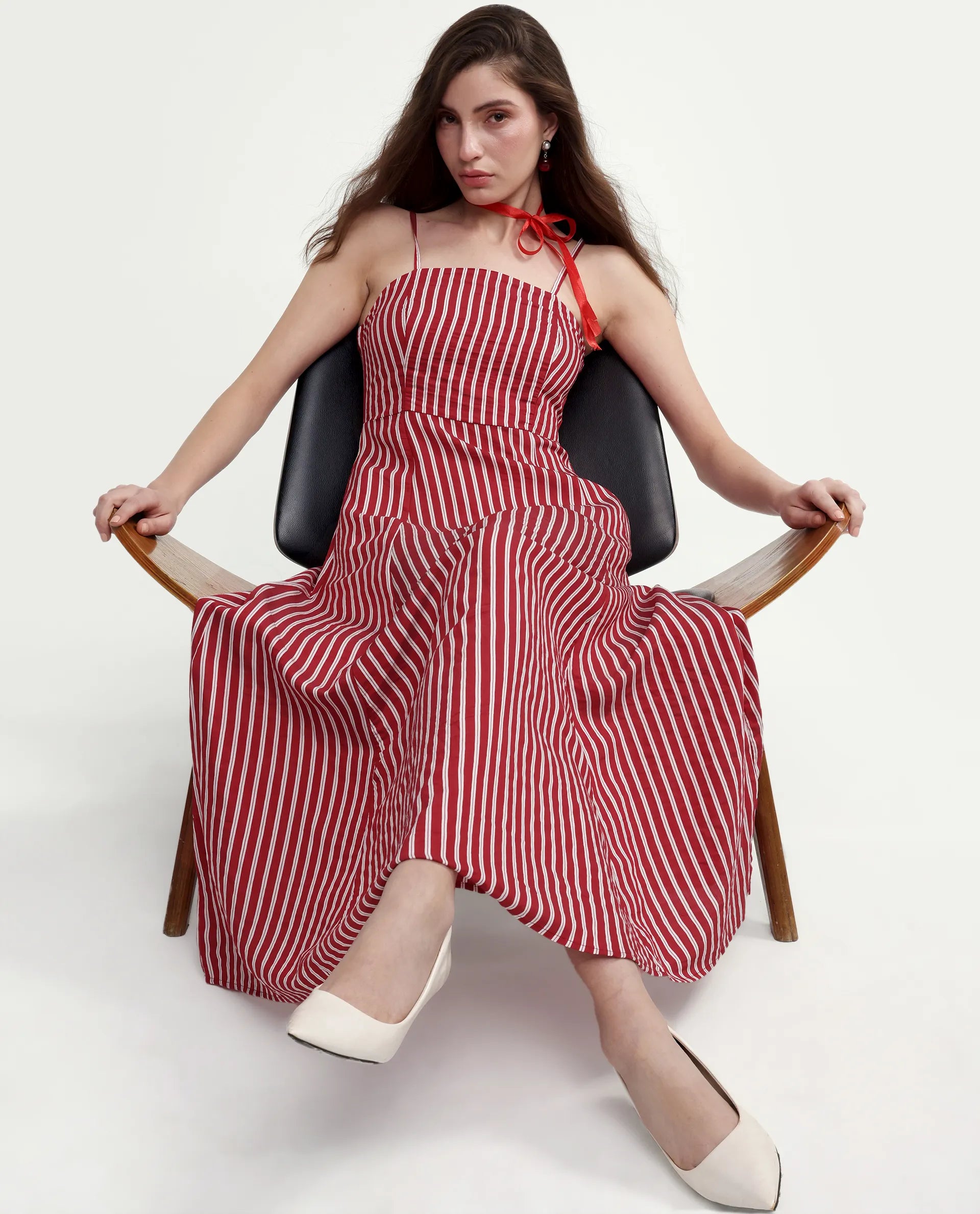 Buy Rareism Women's Domtu Red Viscose Blend Square Button And Zip Fit And Flare  Striped Dress