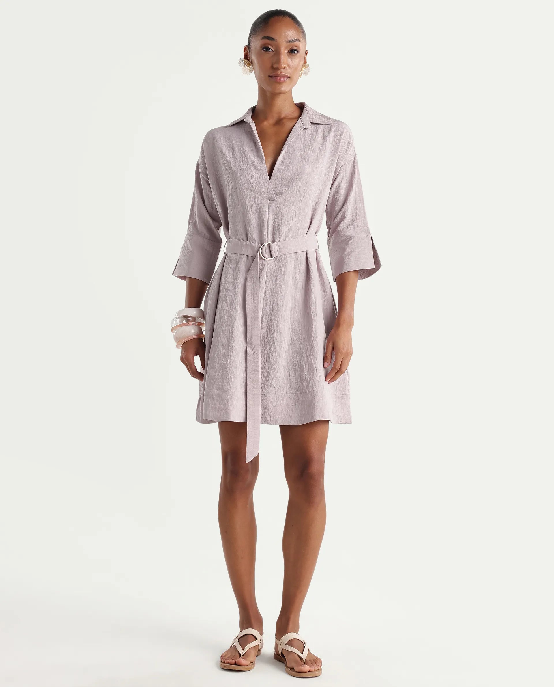 Rareism Women's Dova Pink Viscose Blend Jonny Collar Pull-On Fit And Flare Plain Dress