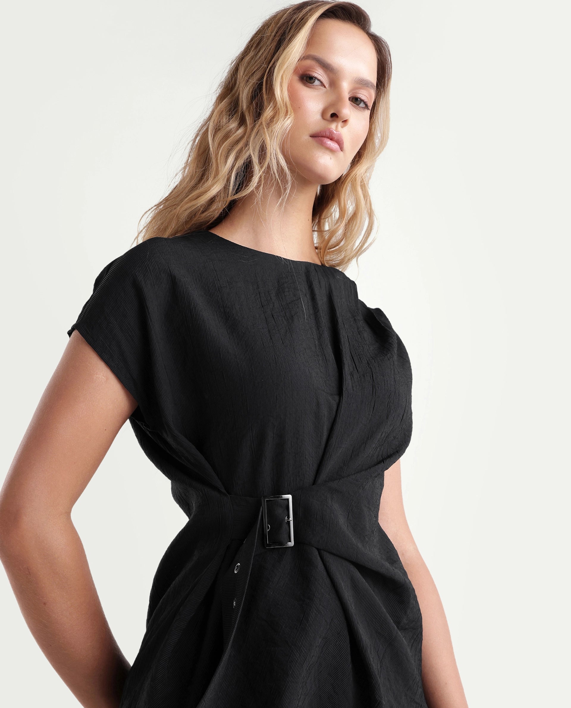 Rareism Women's Dusero Black Plain Viscose Blend Regular Short Sleeves Top