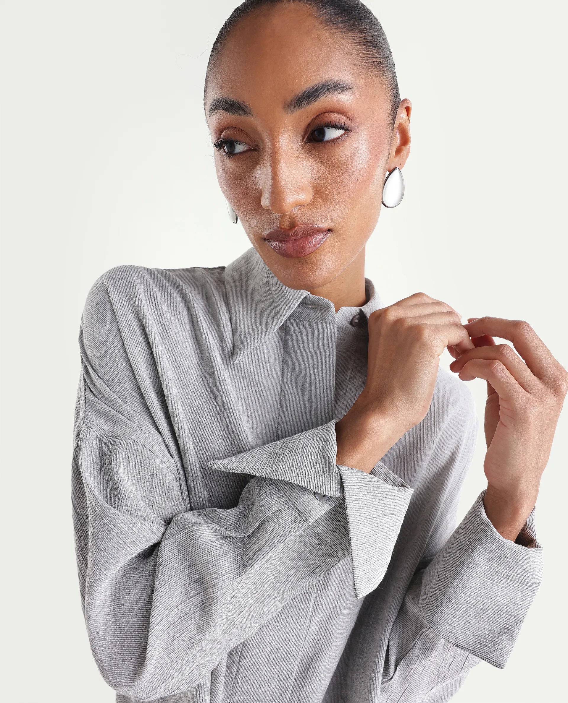 Rareism Women's Duxa Grey Viscose Blend Spread Collar Button Oversized Plain Shirt