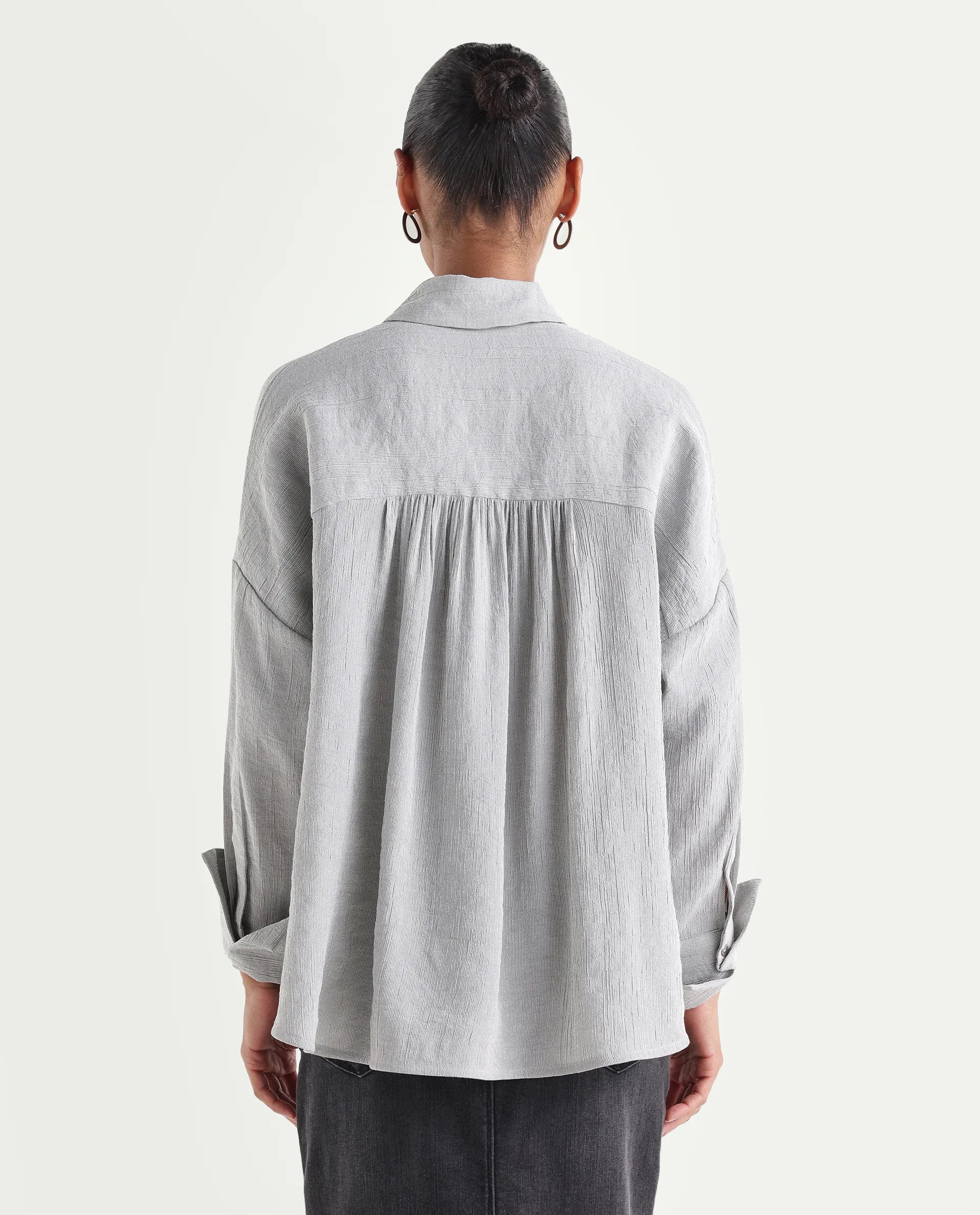 Rareism Women's Duxa Grey Viscose Blend Spread Collar Button Oversized Plain Shirt