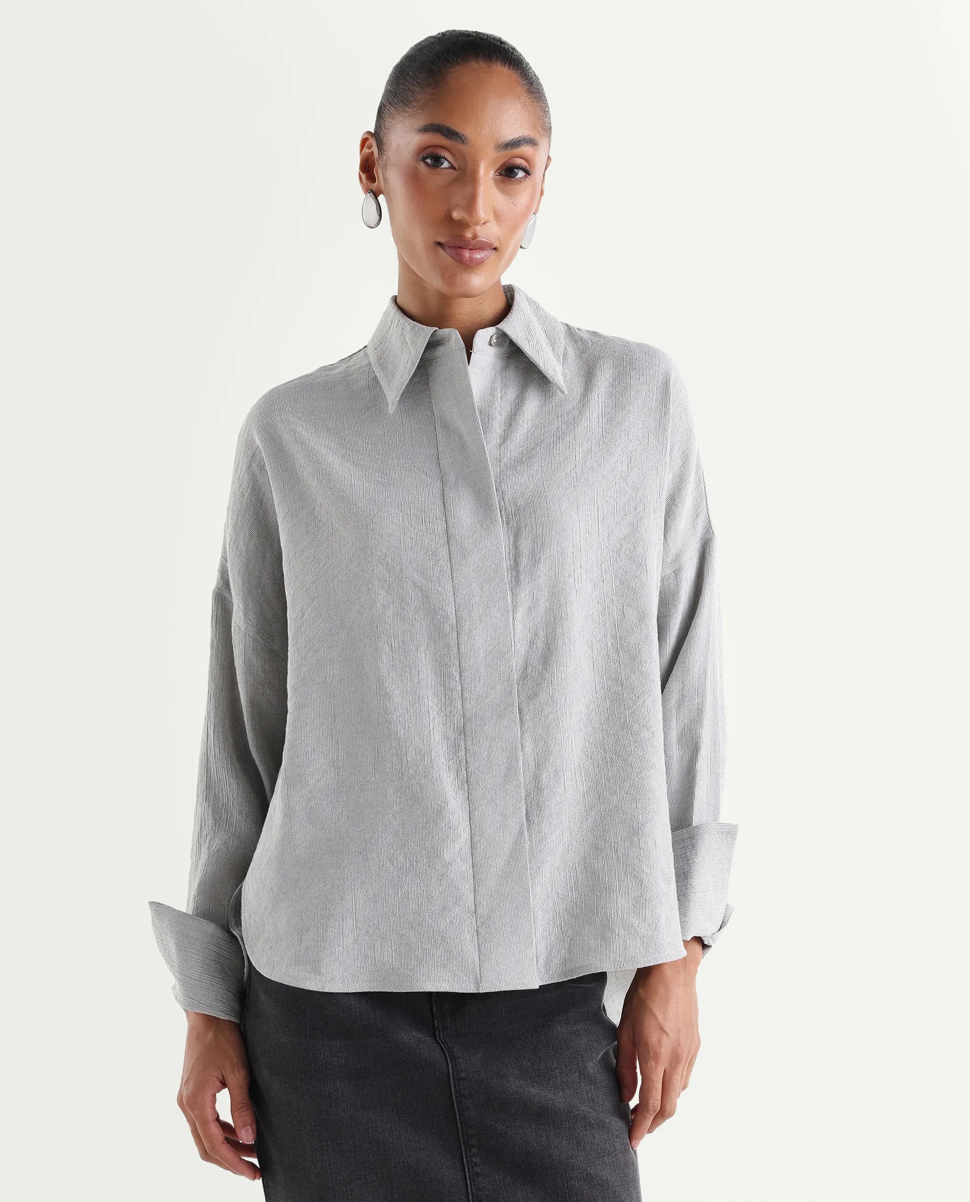 Rareism Women's Duxa Grey Viscose Blend Spread Collar Button Oversized Plain Shirt