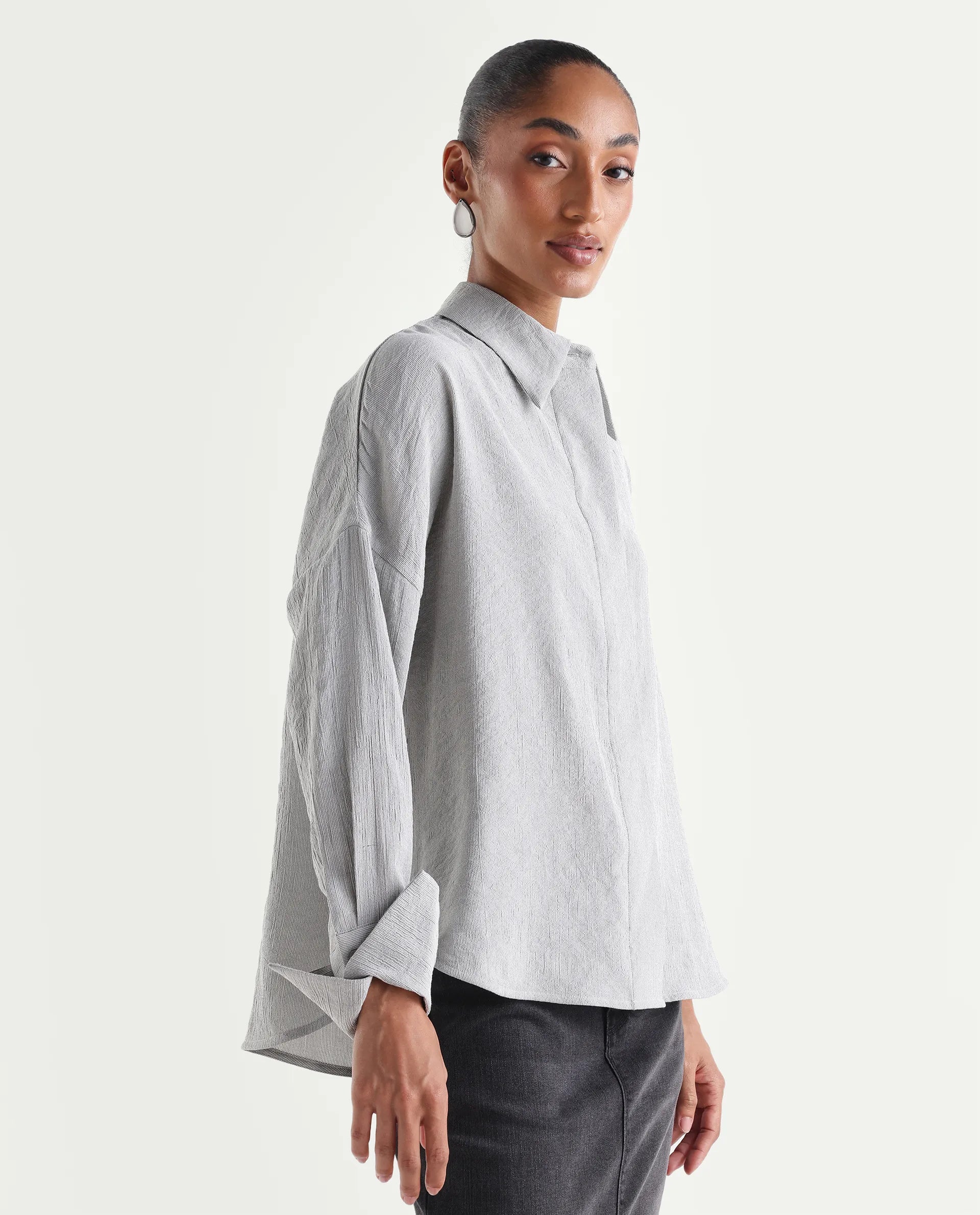 Rareism Women's Duxa Grey Viscose Blend Spread Collar Button Oversized Plain Shirt