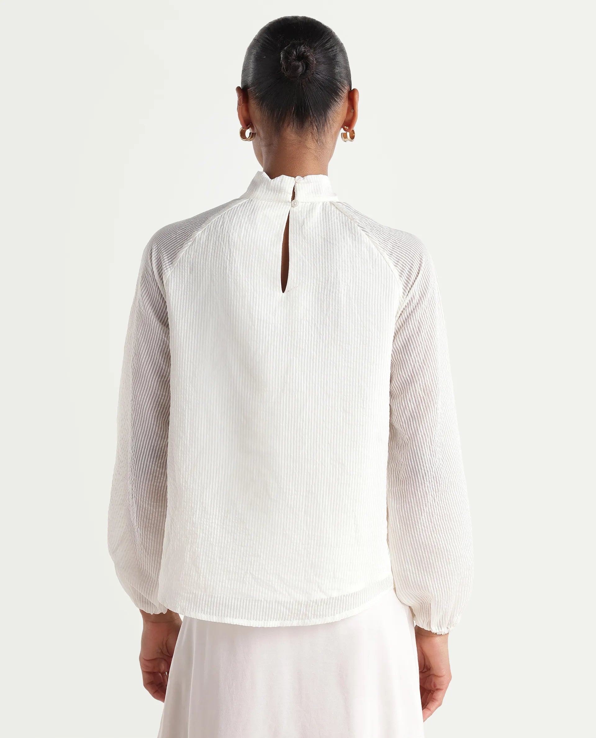 Rareism Women's Dyna Off White Viscose Blend Band Collar Button Regular Plain Top