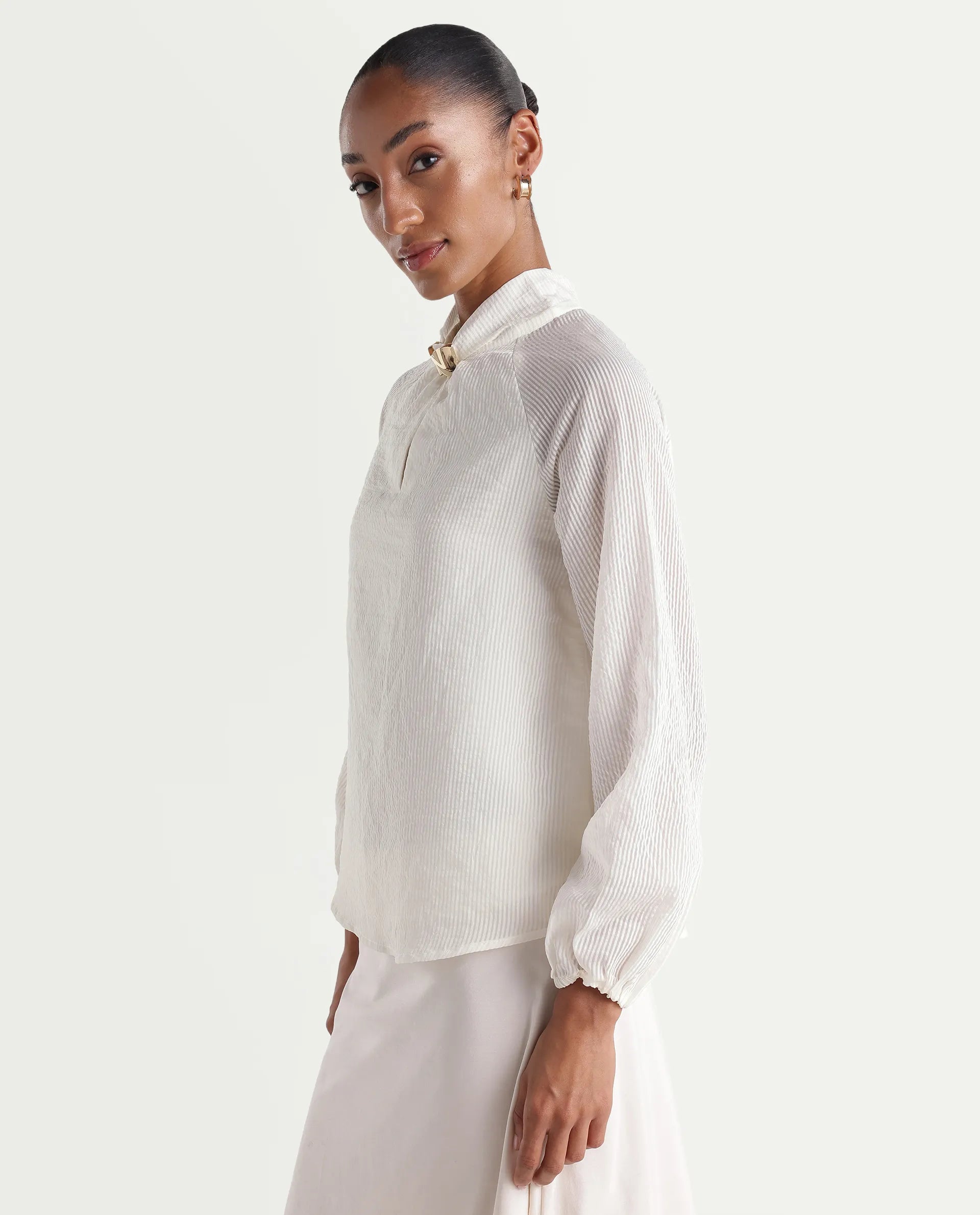 Rareism Women's Dyna Off White Viscose Blend Band Collar Button Regular Plain Top
