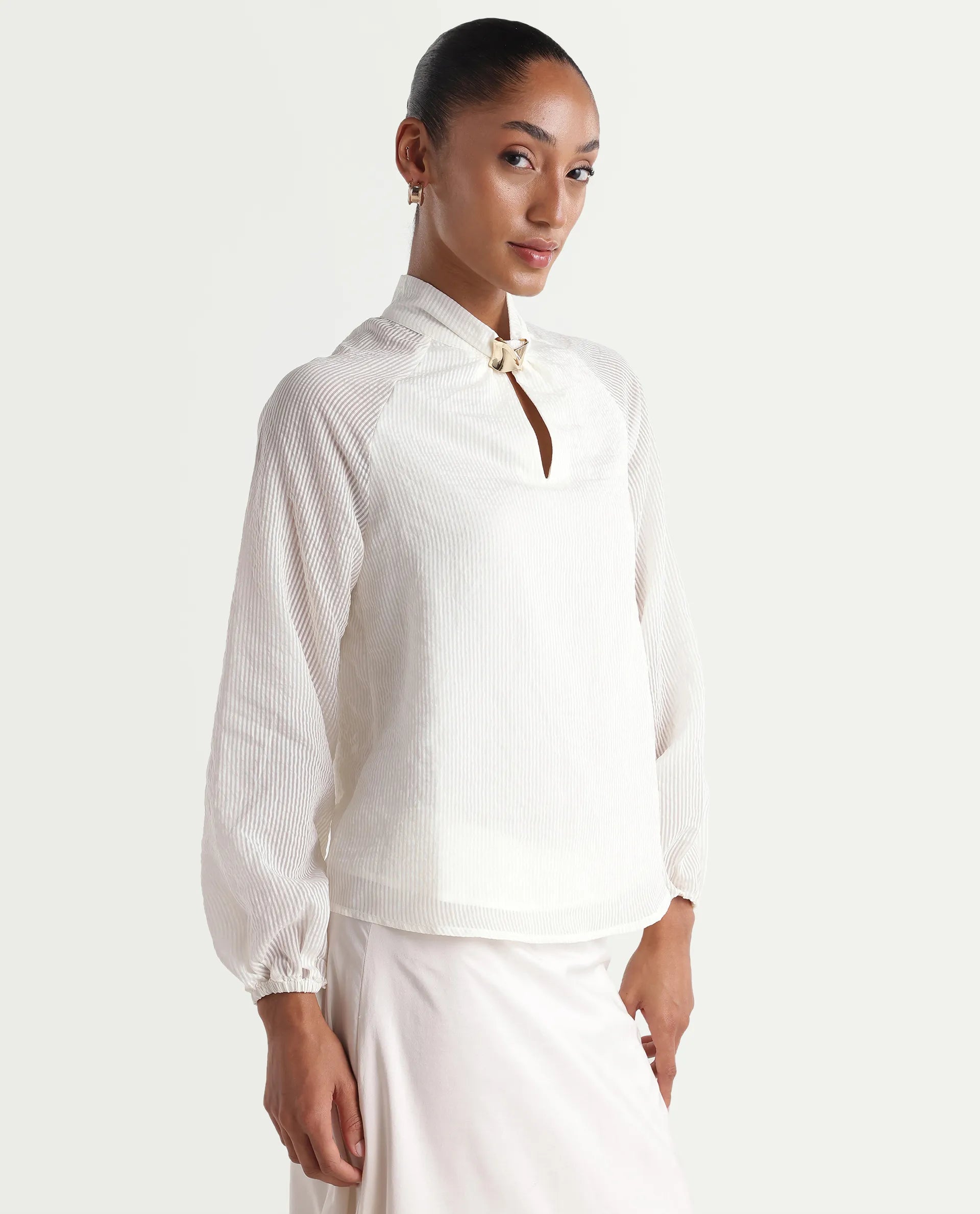 Rareism Women's Dyna Off White Viscose Blend Band Collar Button Regular Plain Top