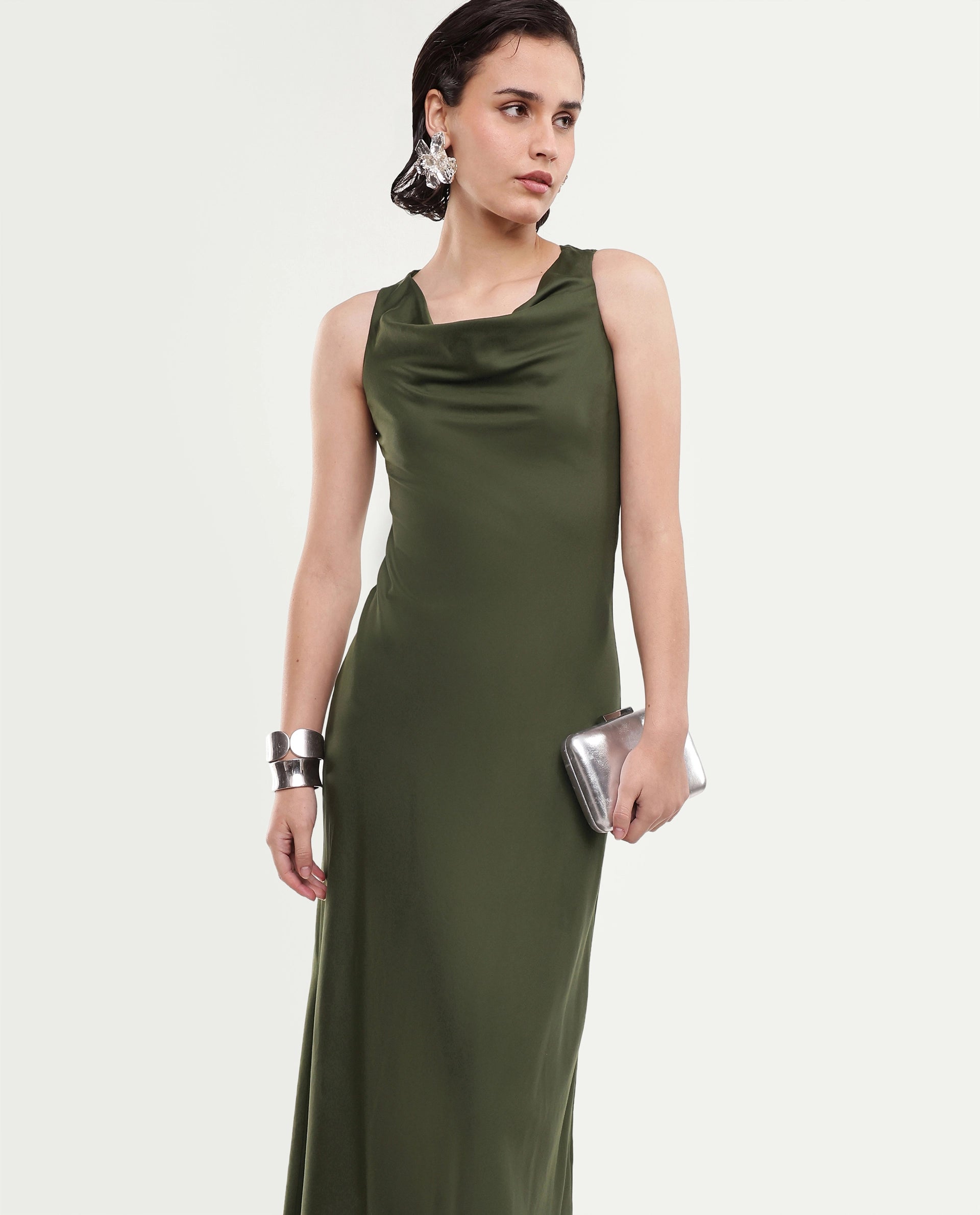 Rareism Women's Jenketss26 Olive Sleeveless Halter Neck Fit And Flare Plain Dress