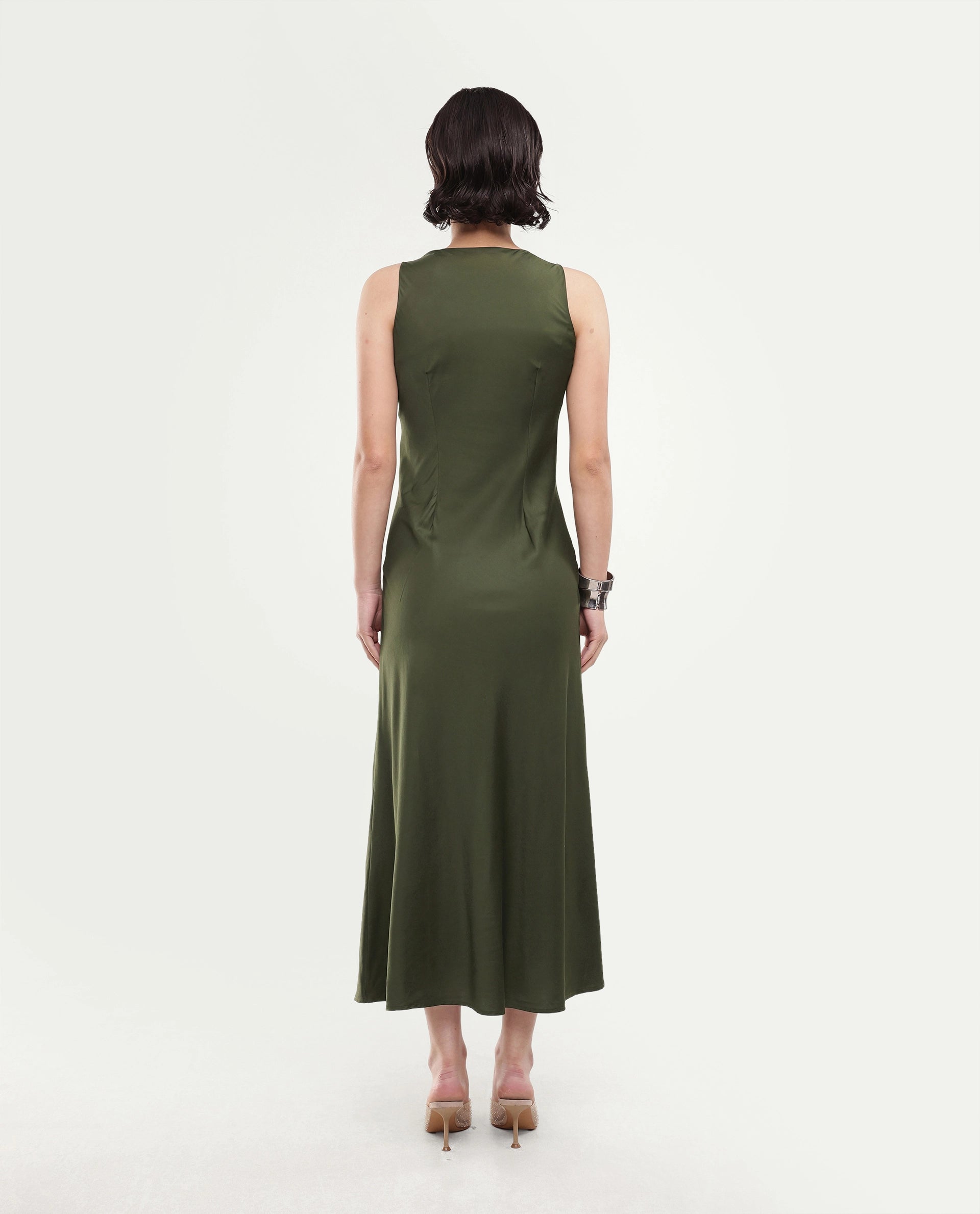 Rareism Women's Jenketss26 Olive Sleeveless Halter Neck Fit And Flare Plain Dress