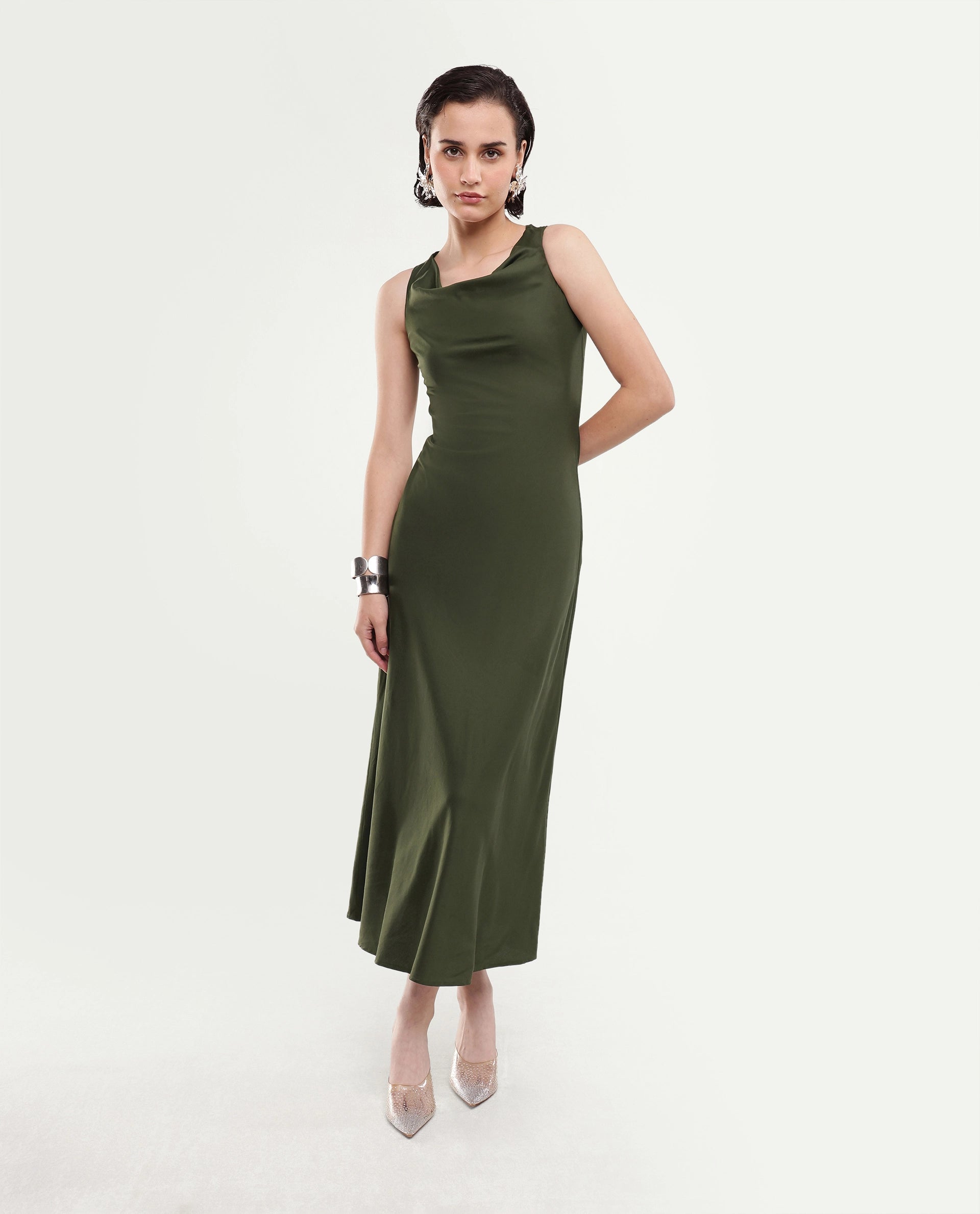 Rareism Women's Jenketss26 Olive Sleeveless Halter Neck Fit And Flare Plain Dress