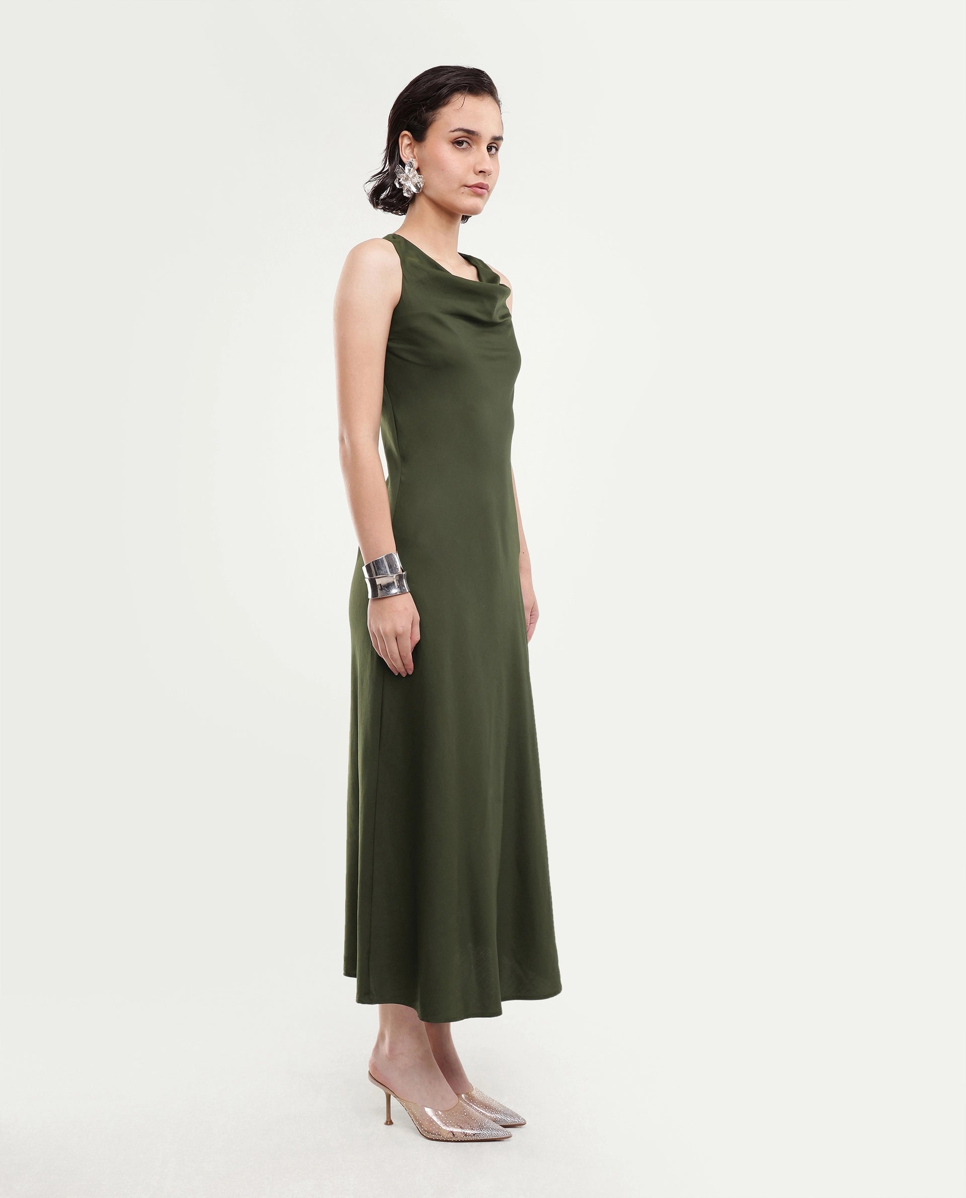 Rareism Women's Jenketss26 Olive Sleeveless Halter Neck Fit And Flare Plain Dress