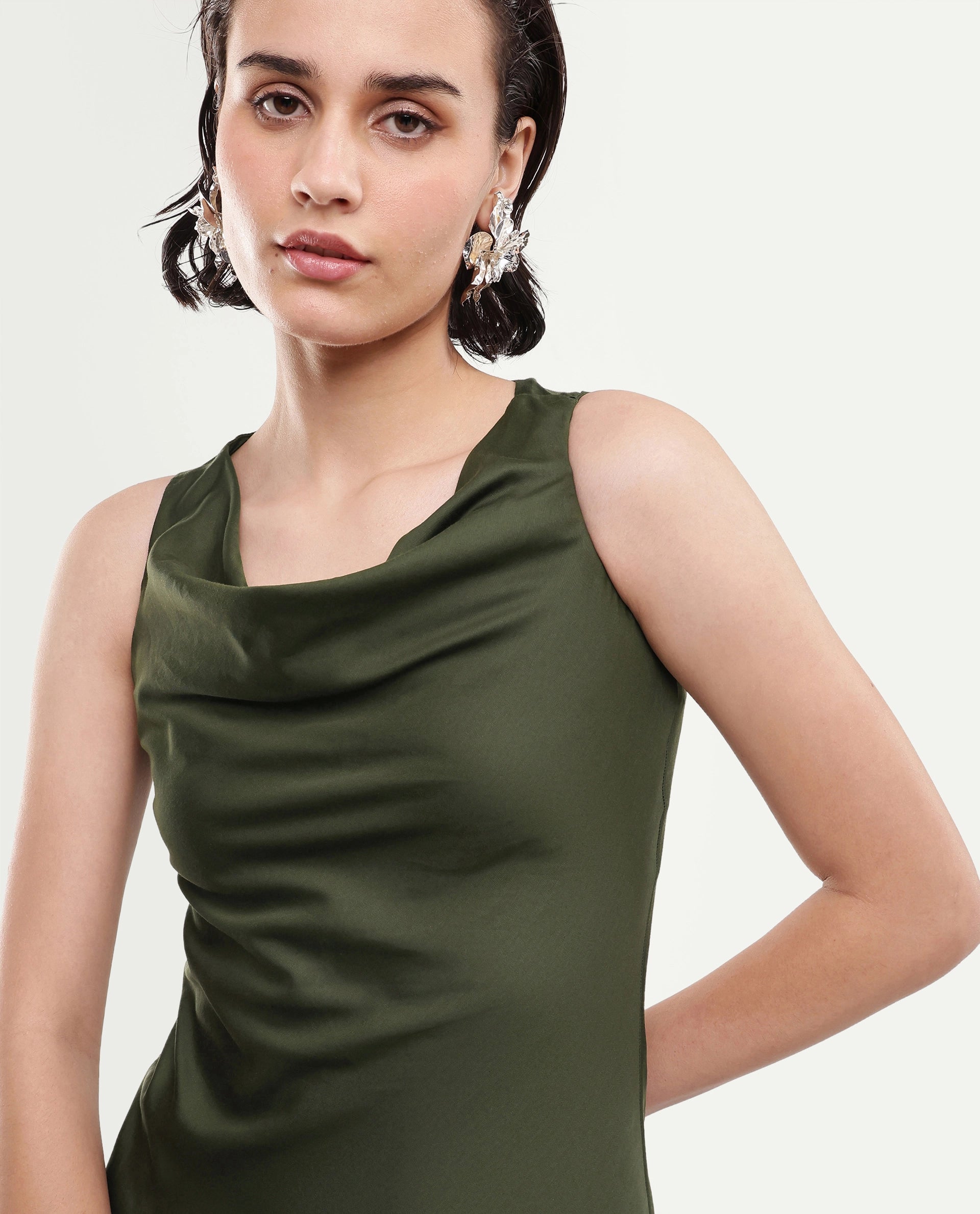 Rareism Women's Jenketss26 Olive Sleeveless Halter Neck Fit And Flare Plain Dress