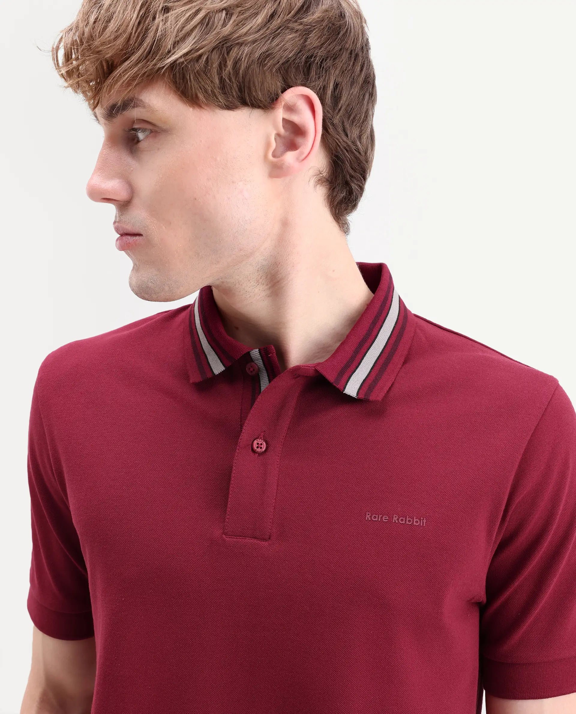 Rare Rabbit Men's Peri Red Cotton Blend Fabric Half Sleeve Spread Collar Regular Fit Plain Polo