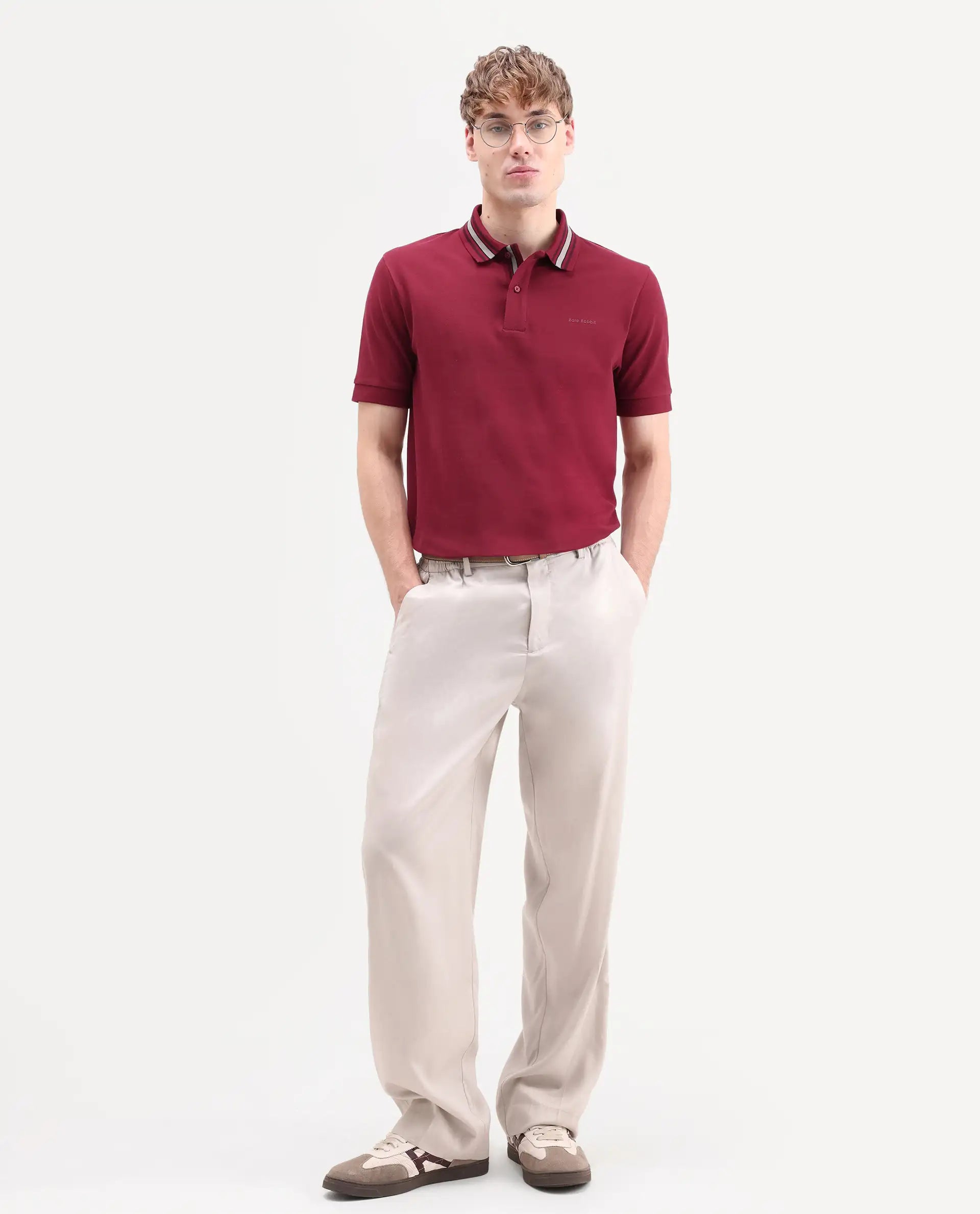Rare Rabbit Men's Peri Red Cotton Blend Fabric Half Sleeve Spread Collar Regular Fit Plain Polo
