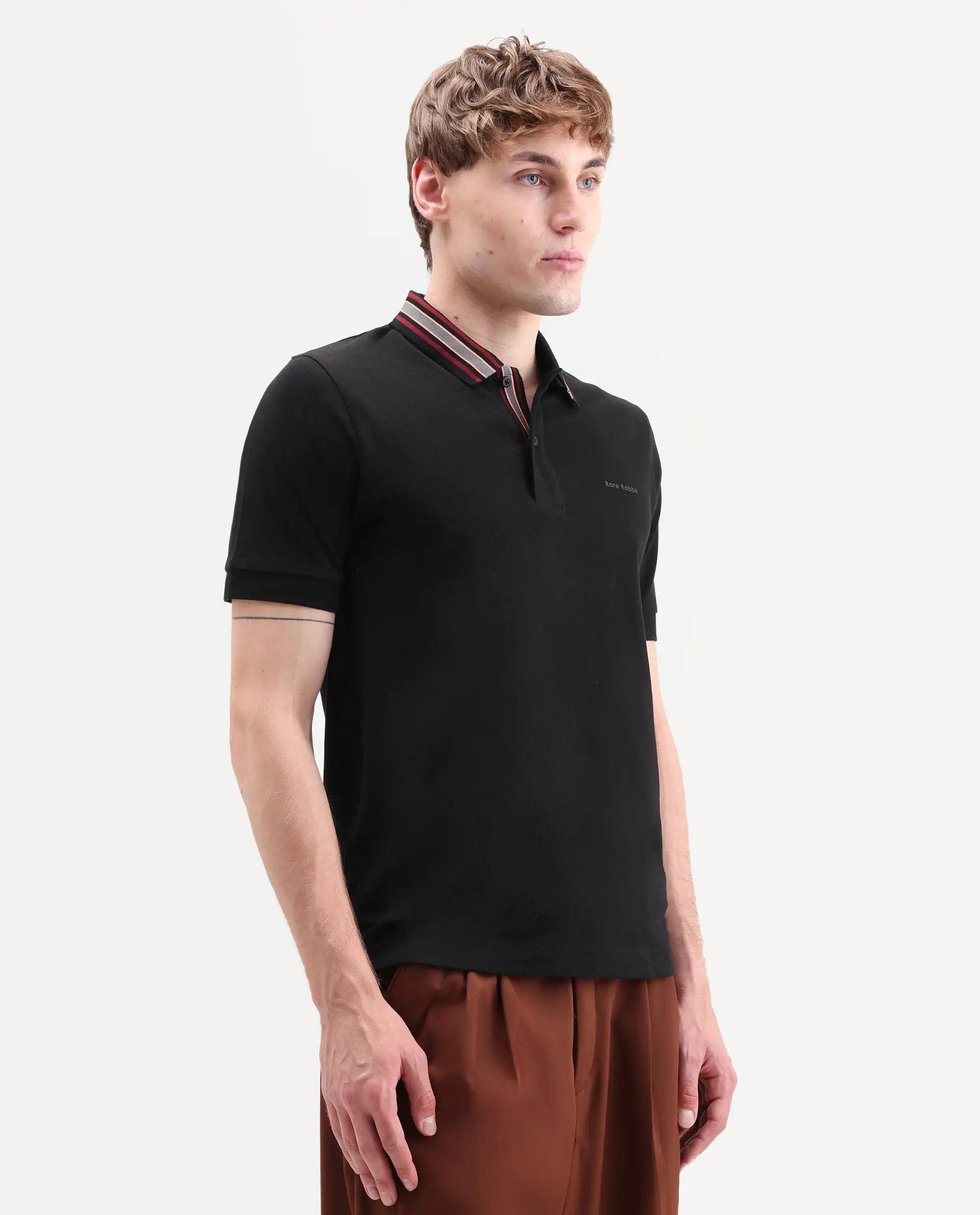 Rare Rabbit Men's Peri Black Cotton Blend Fabric Half Sleeve Spread Collar Regular Fit Plain Polo