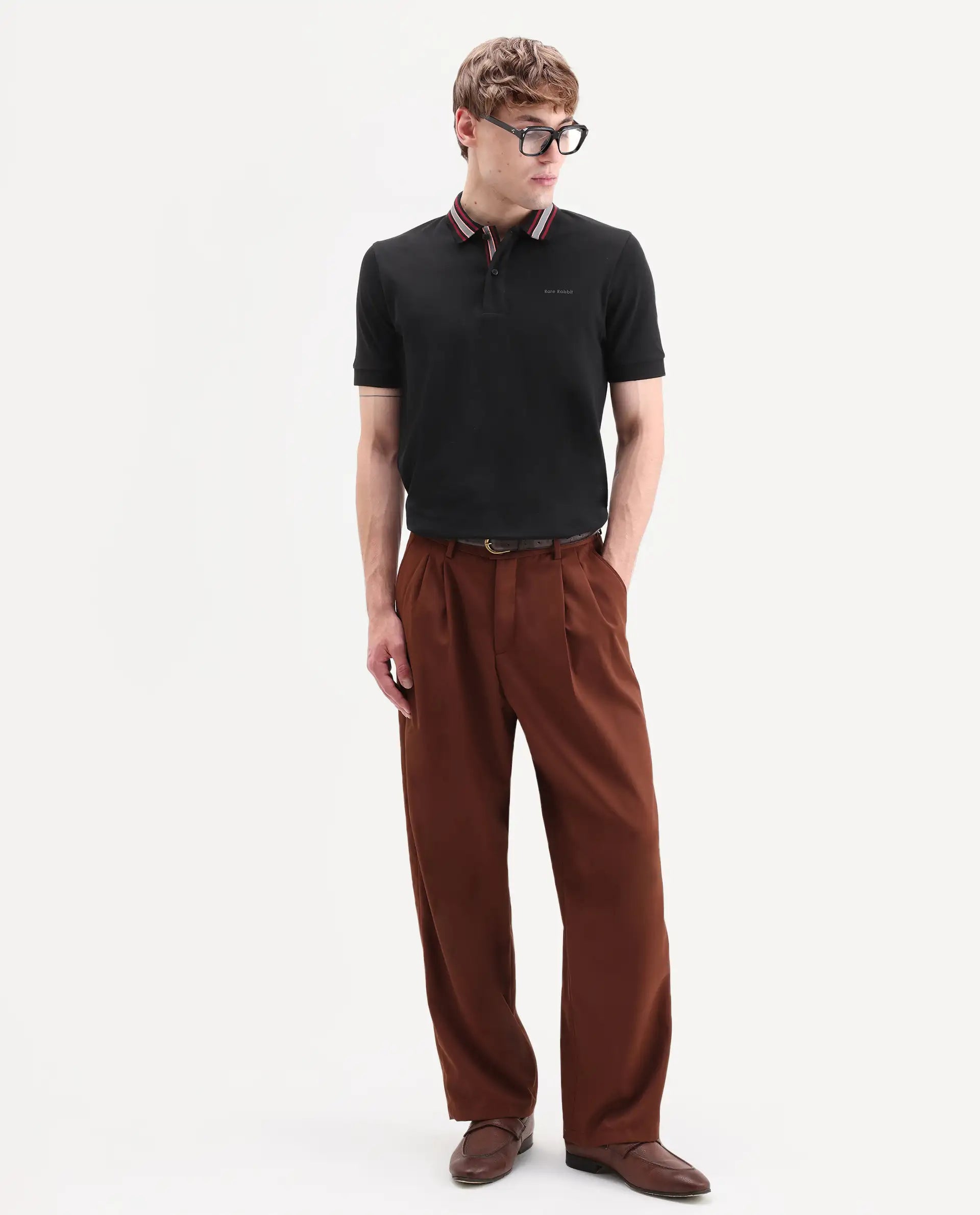 Rare Rabbit Men's Peri Black Cotton Blend Fabric Half Sleeve Spread Collar Regular Fit Plain Polo