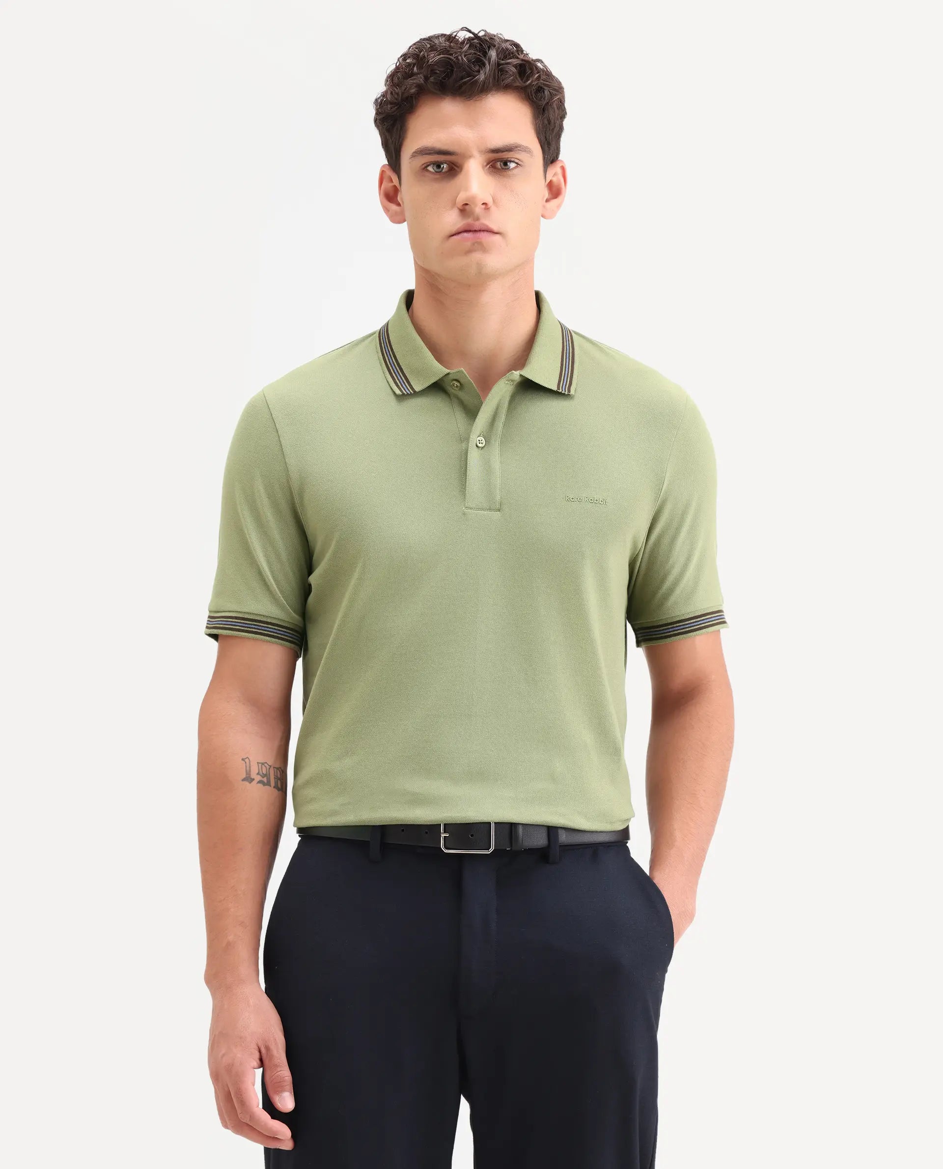 Rare Rabbit Men's Zena Sage Cotton Blend Fabric Half Sleeve Spread Collar Regular Fit Plain Polo