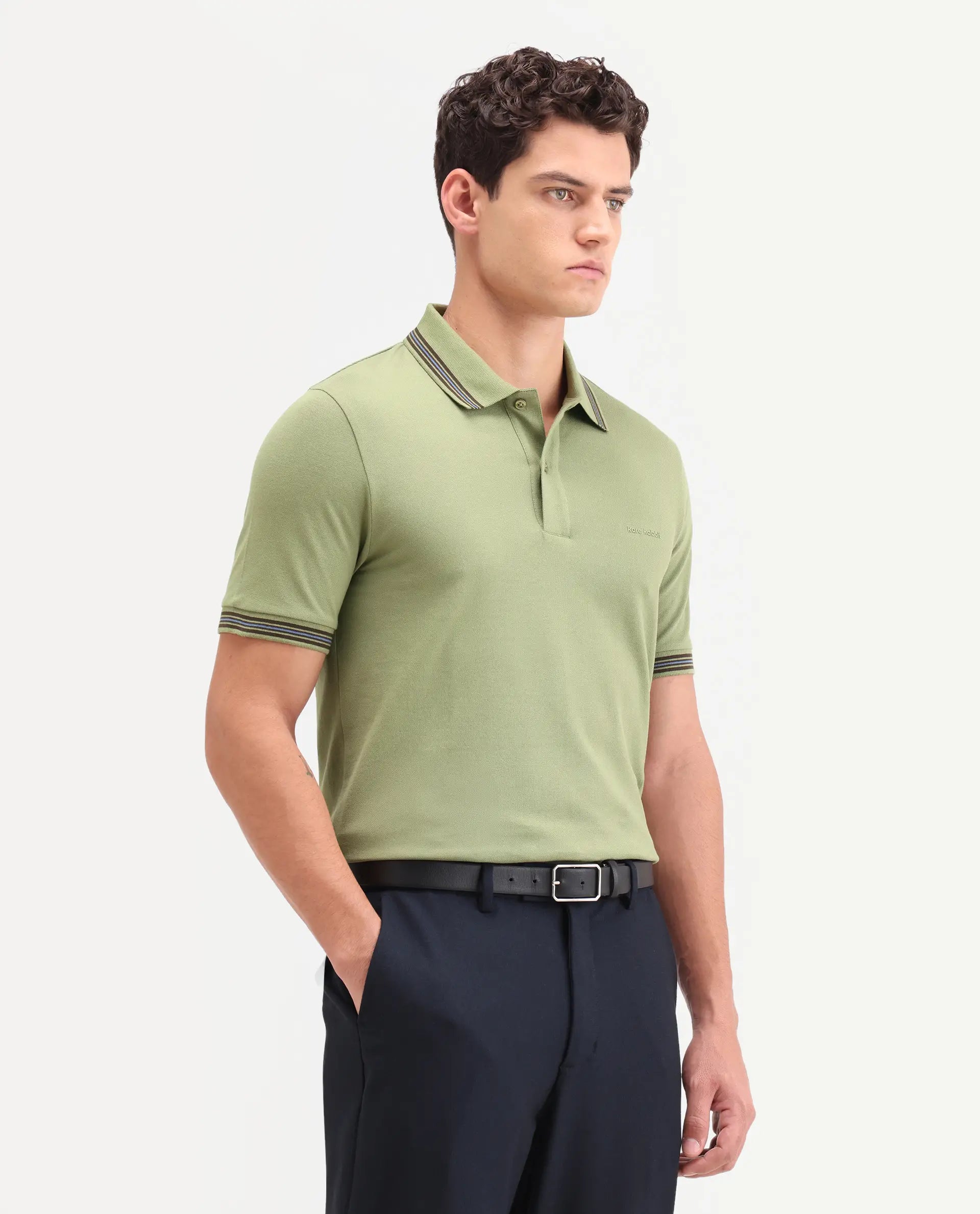 Rare Rabbit Men's Zena Sage Cotton Blend Fabric Half Sleeve Spread Collar Regular Fit Plain Polo