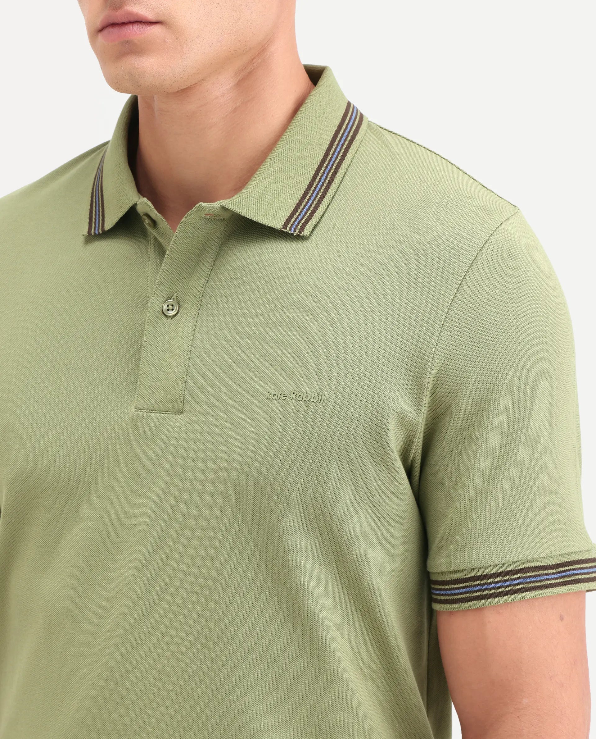 Rare Rabbit Men's Zena Sage Cotton Blend Fabric Half Sleeve Spread Collar Regular Fit Plain Polo